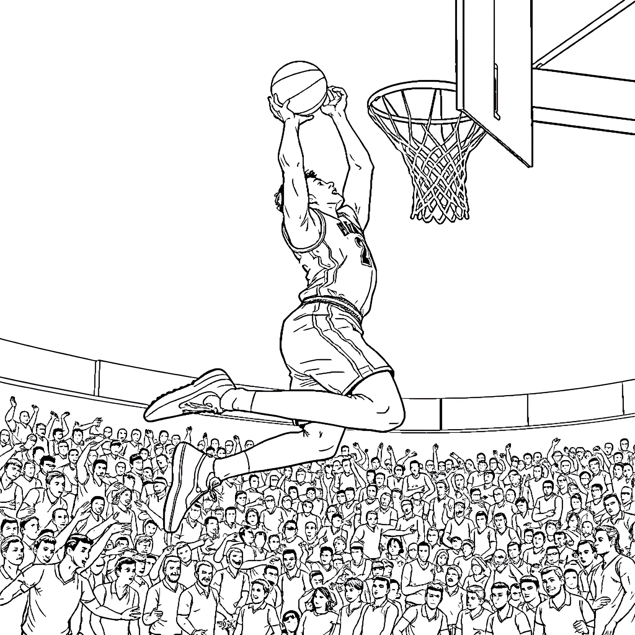 Tim Robinson performing an impressive basketball dunk in front of a cheering crowd Coloring Page (free black-and-white line drawing printable PDF for all, from beginners to advanced learners, including children, teens, adults, and seniors)