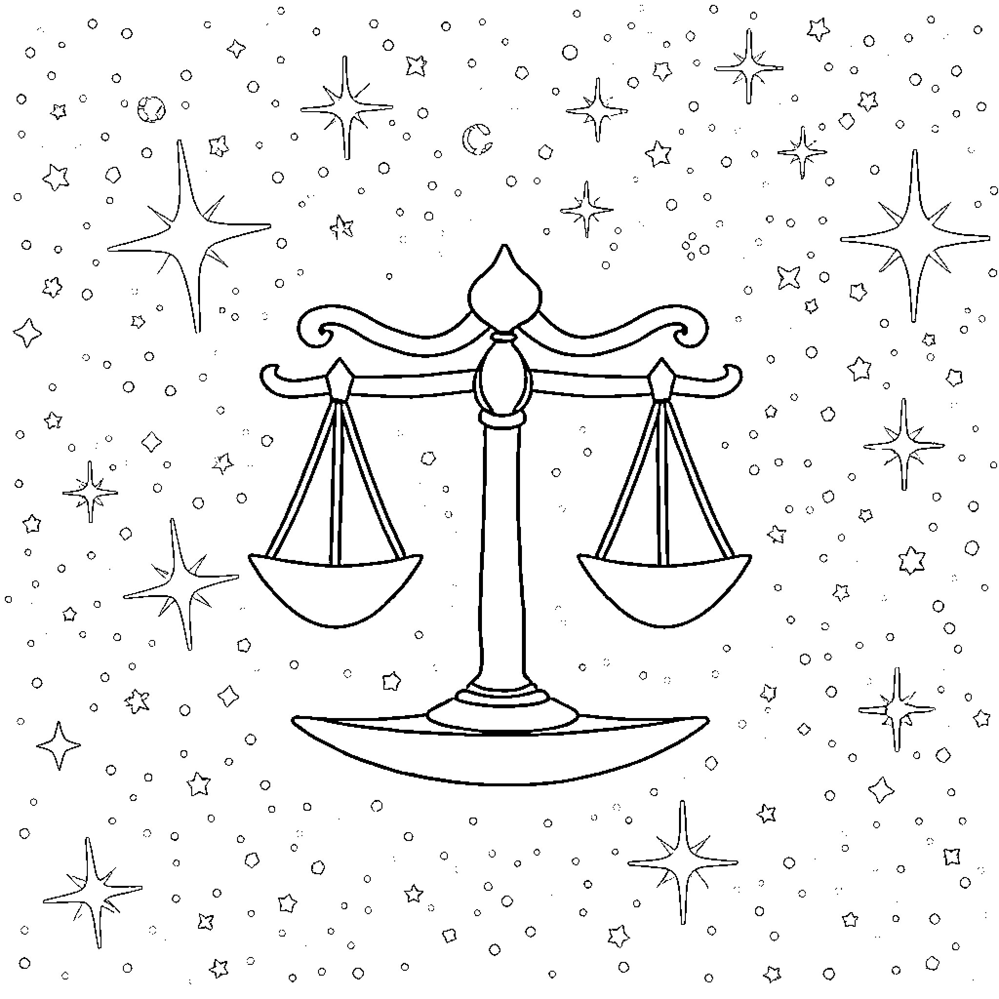 Libra: Scales amidst celestial elements Coloring Page (free black-and-white line drawing printable PDF for all, from beginners to advanced learners, including children, teens, adults, and seniors)