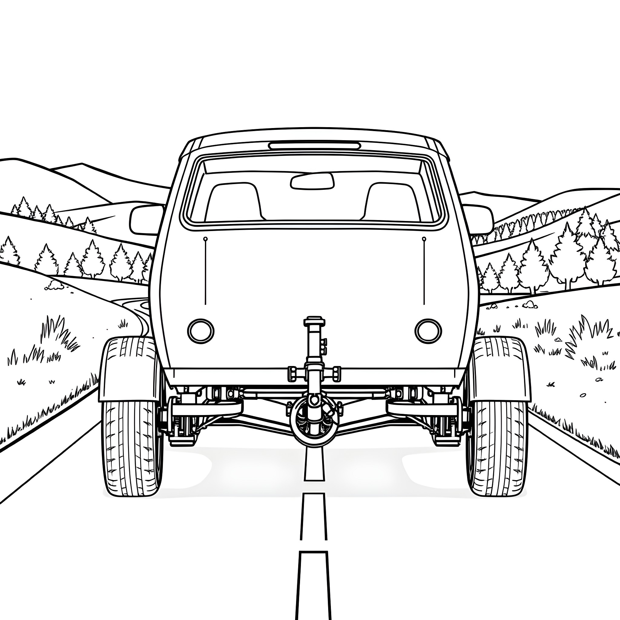 Car Trailer Carrying Equipment on Rural Road Coloring Page (free black-and-white line drawing printable PDF for all, from beginners to advanced learners, including children, teens, adults, and seniors)