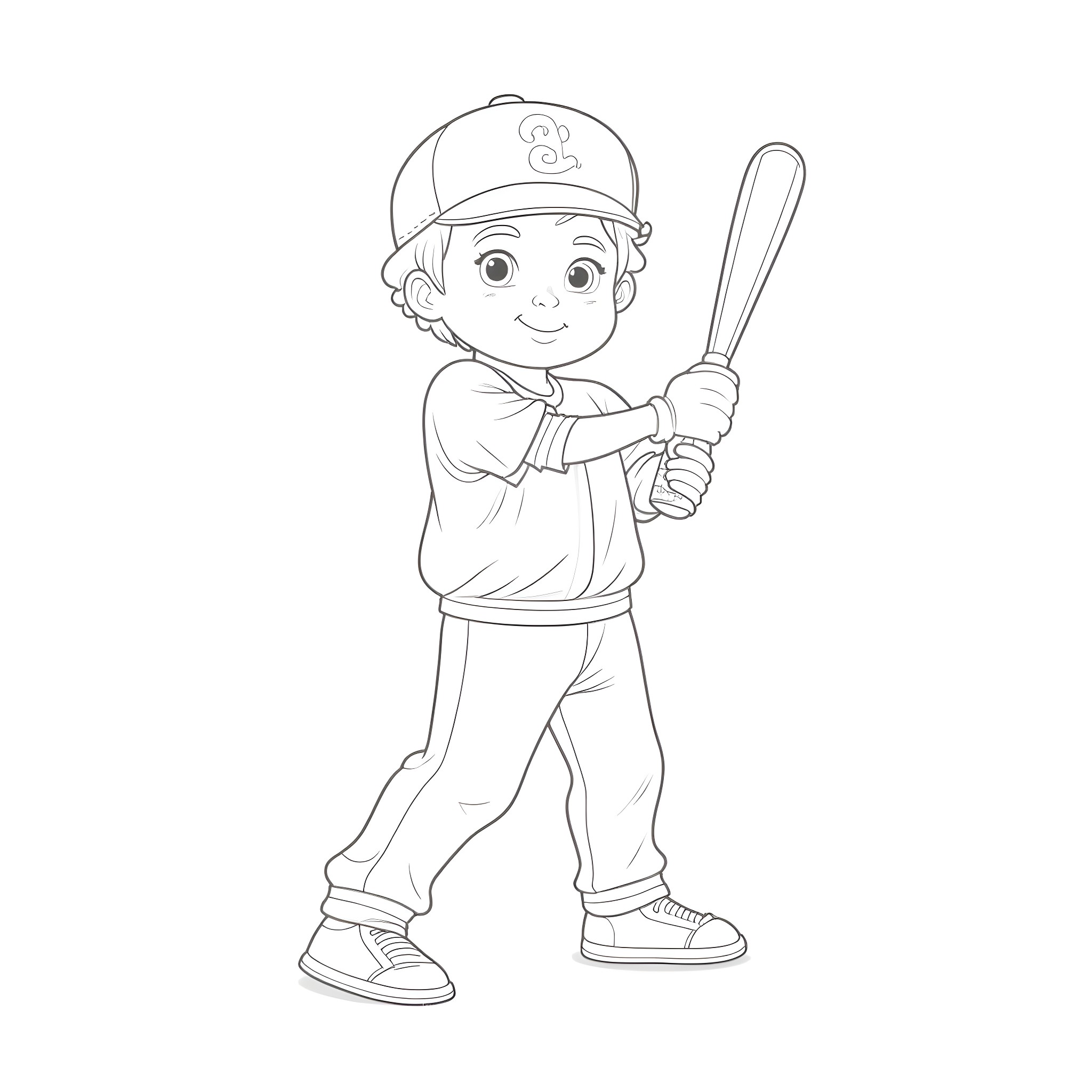 Kid playing baseball with bat Coloring Page (free black-and-white line drawing printable PDF for all, from beginners to advanced learners, including children, teens, adults, and seniors)