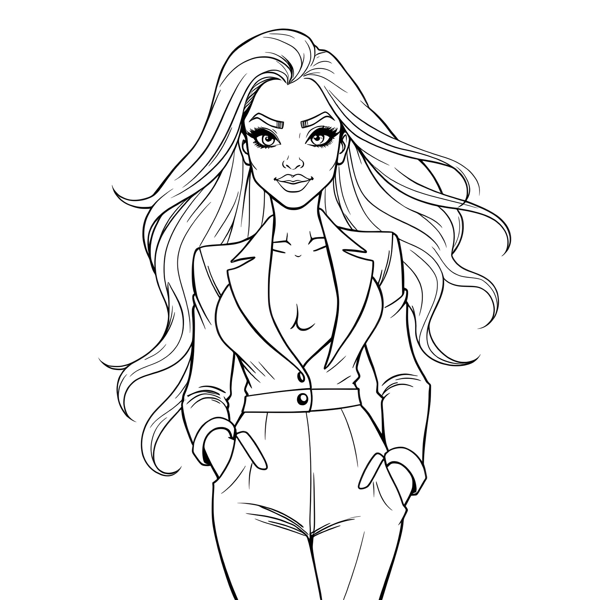 Latina woman in elegant business attire Coloring Page (free black-and-white line drawing printable PDF for all, from beginners to advanced learners, including children, teens, adults, and seniors)