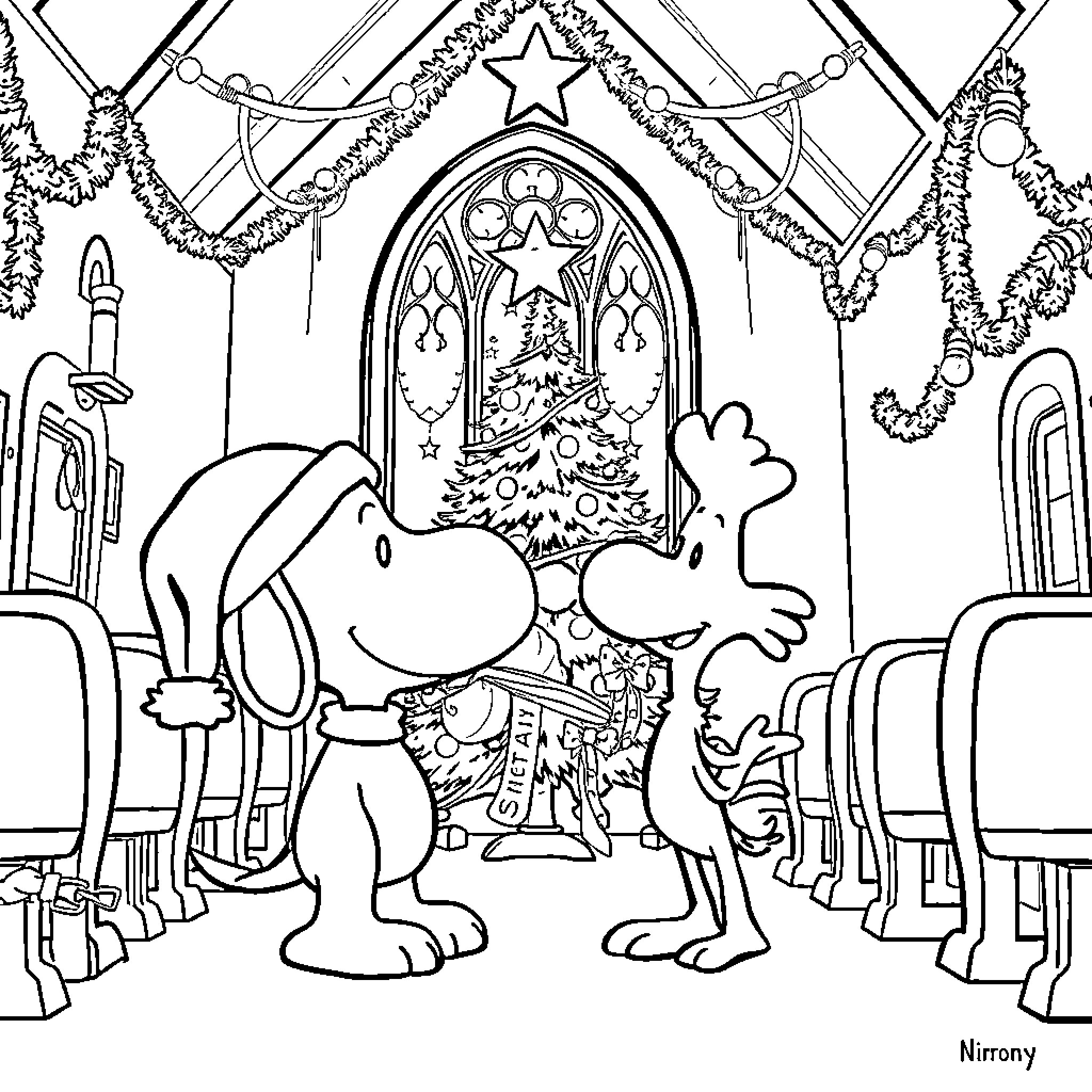 Snoopy celebrates Christmas in church Coloring Page (free black-and-white line drawing printable PDF for all, from beginners to advanced learners, including children, teens, adults, and seniors)