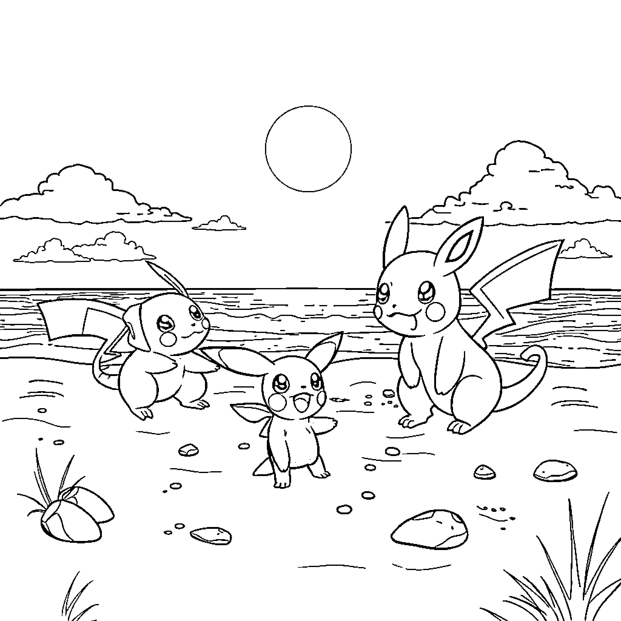 Pokémon enjoying a sunny day by the beach Coloring Page (free black-and-white line drawing printable PDF for all, from beginners to advanced learners, including children, teens, adults, and seniors)