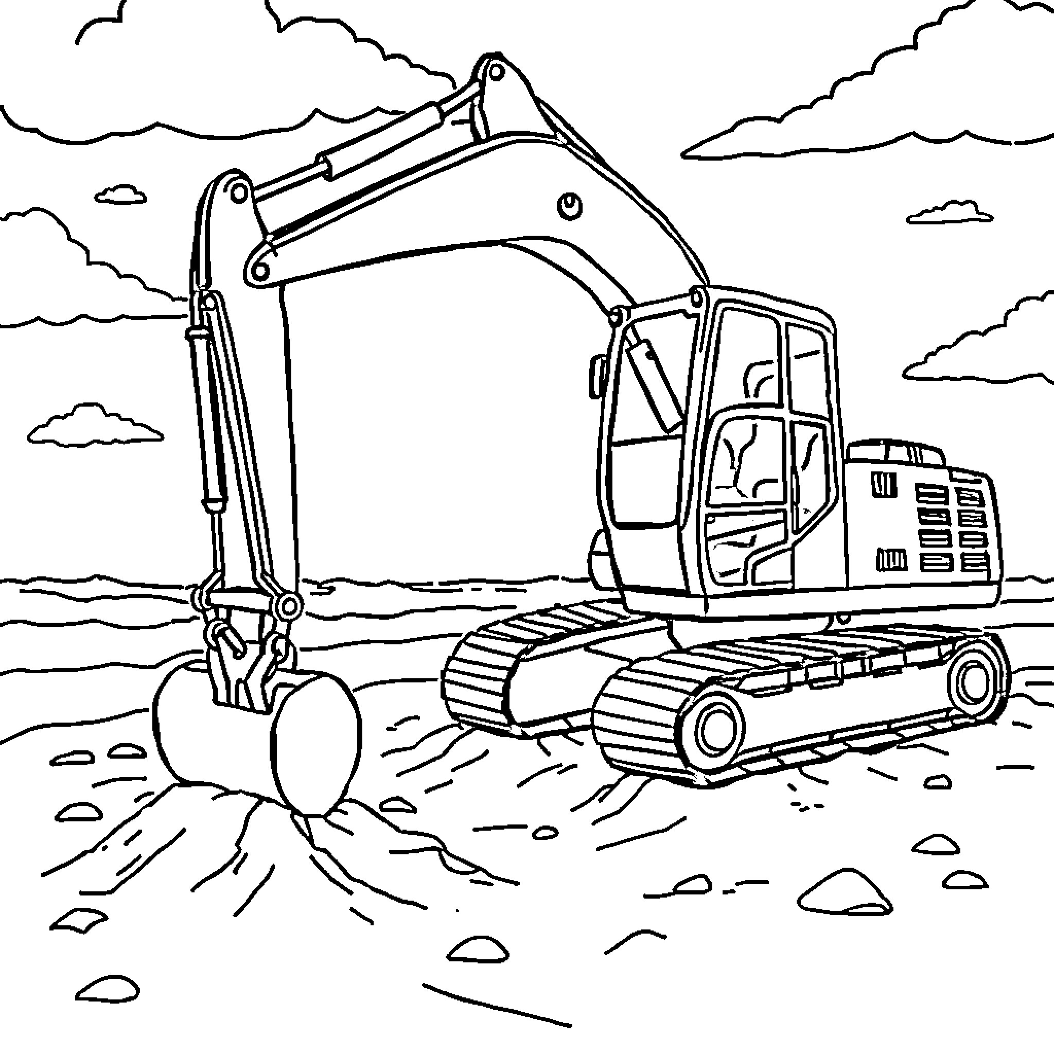 Excavator working on a construction site Coloring Page (free black-and-white line drawing printable PDF for all, from beginners to advanced learners, including children, teens, adults, and seniors)