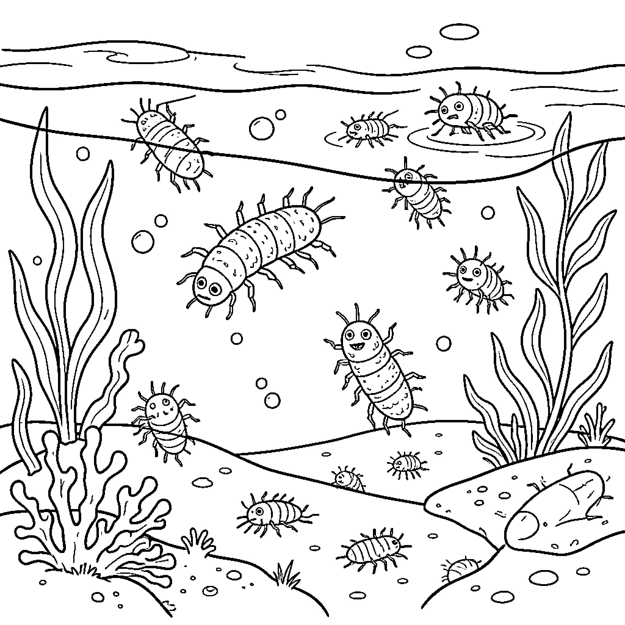 Bacteria swimming through seaweed in the ocean Coloring Page (free black-and-white line drawing printable PDF for all, from beginners to advanced learners, including children, teens, adults, and seniors)