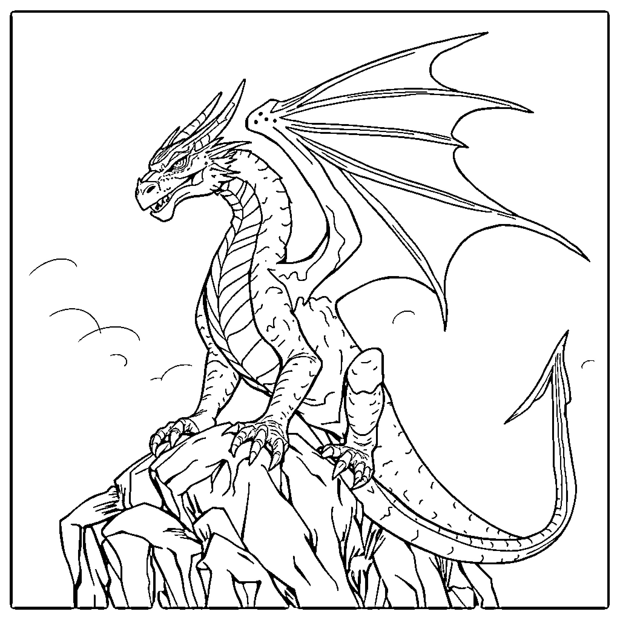 Sandwing dragon perched on a rocky outcrop Coloring Page (free black-and-white line drawing printable PDF for all, from beginners to advanced learners, including children, teens, adults, and seniors)