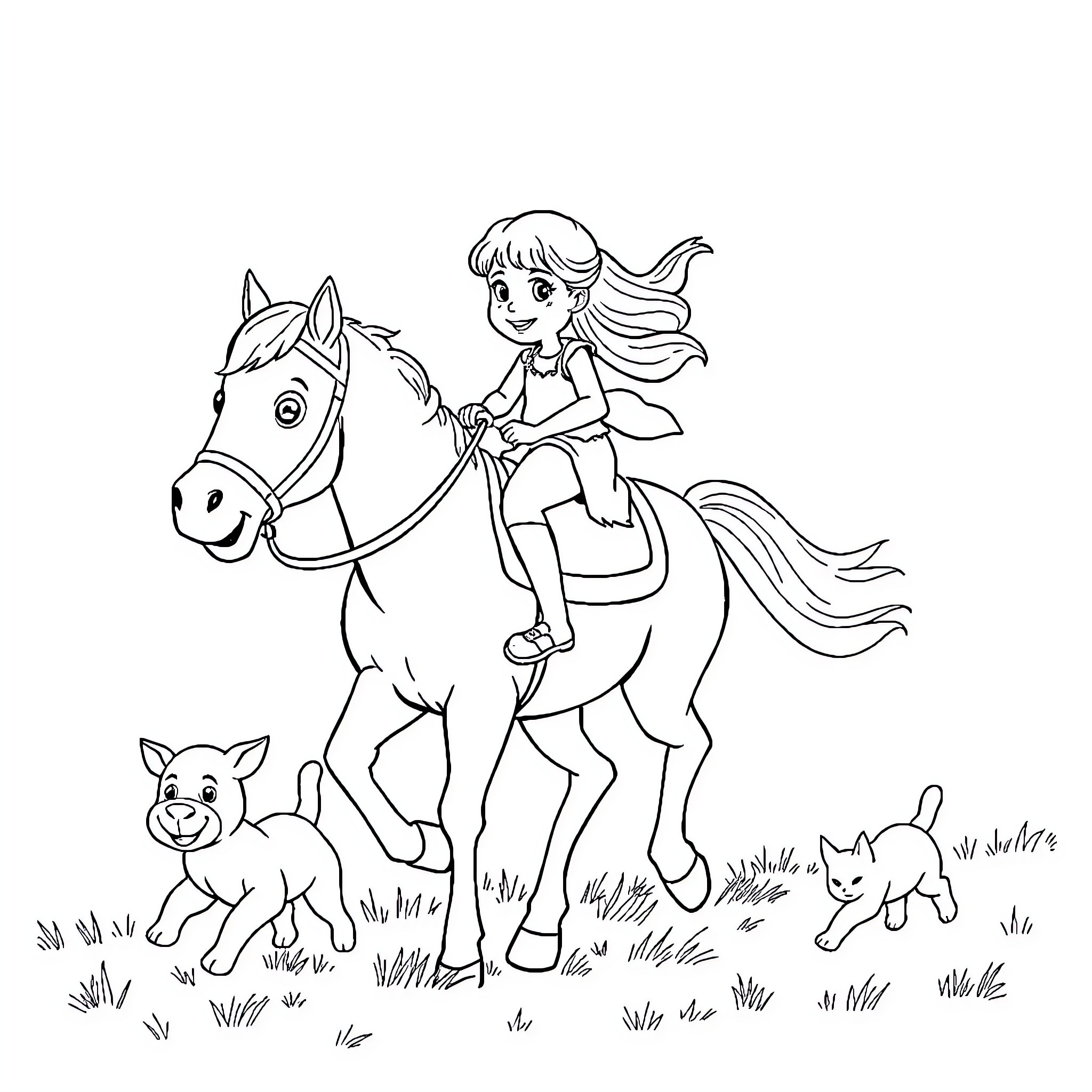 Girl Riding Horse Happily with Pet Dogs Coloring Page (free black-and-white line drawing printable PDF for all, from beginners to advanced learners, including children, teens, adults, and seniors)