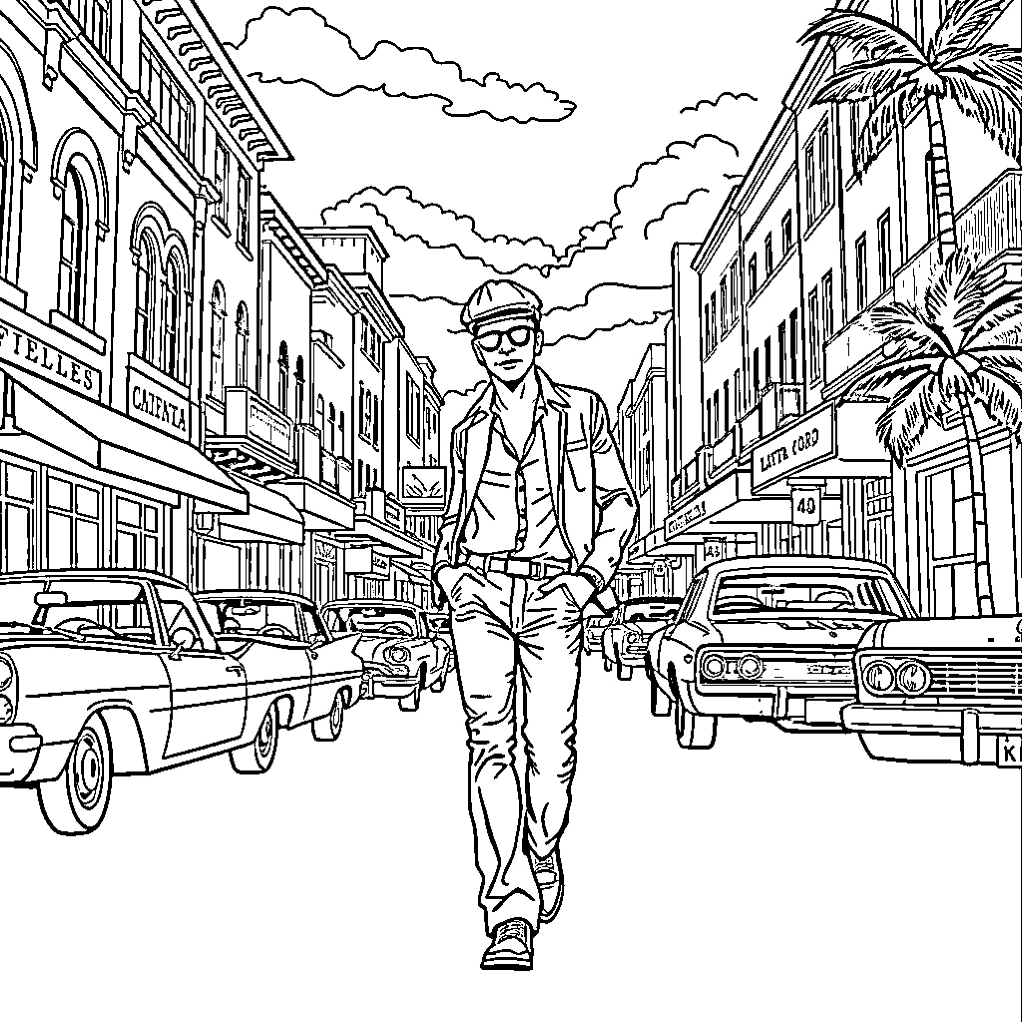 Tony Montana struts through the city streets Coloring Page (free black-and-white line drawing printable PDF for all, from beginners to advanced learners, including children, teens, adults, and seniors)