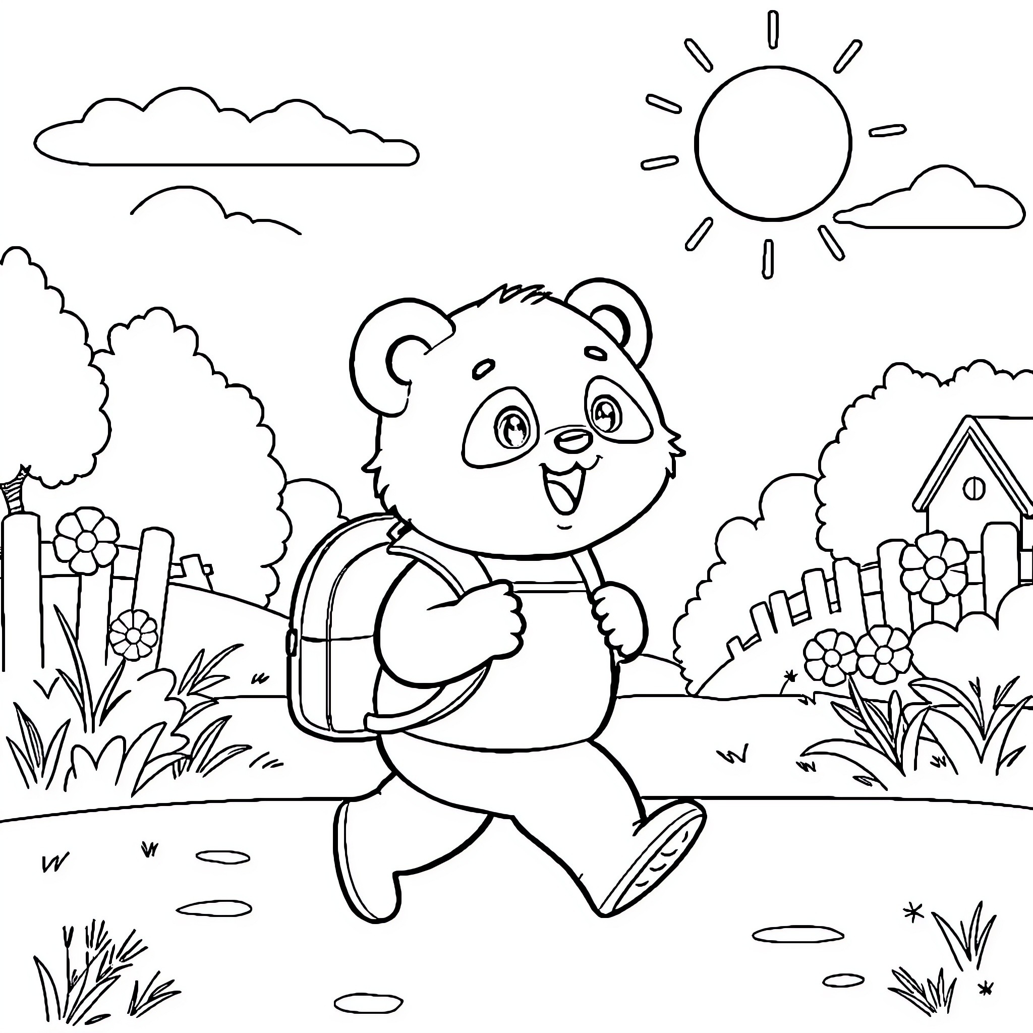 Panda bear excitedly exploring the outdoor scene Coloring Page (free black-and-white line drawing printable PDF for all, from beginners to advanced learners, including children, teens, adults, and seniors)