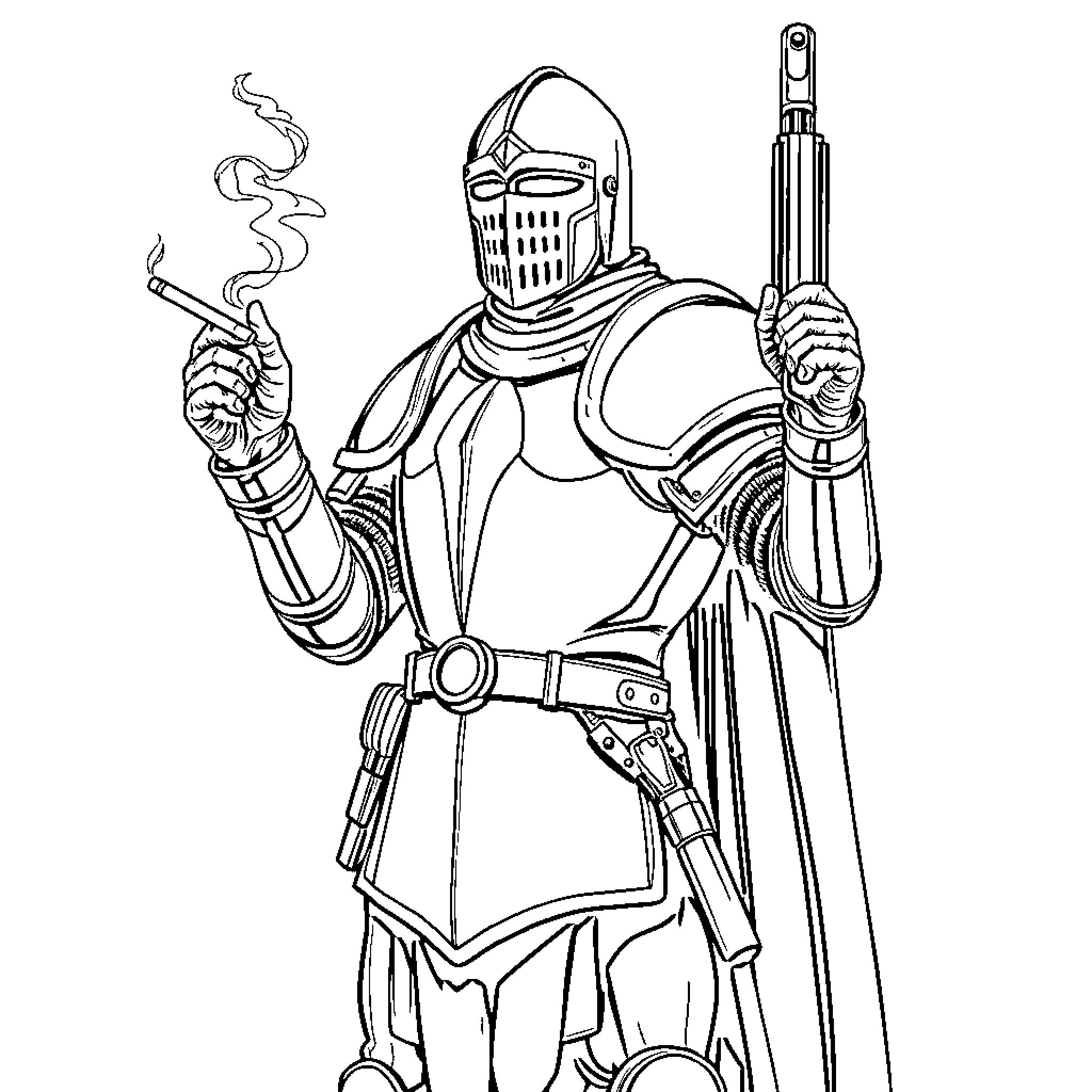 Knight Wielding Weapons in Armored Attire Coloring Page (free black-and-white line drawing printable PDF for all, from beginners to advanced learners, including children, teens, adults, and seniors)