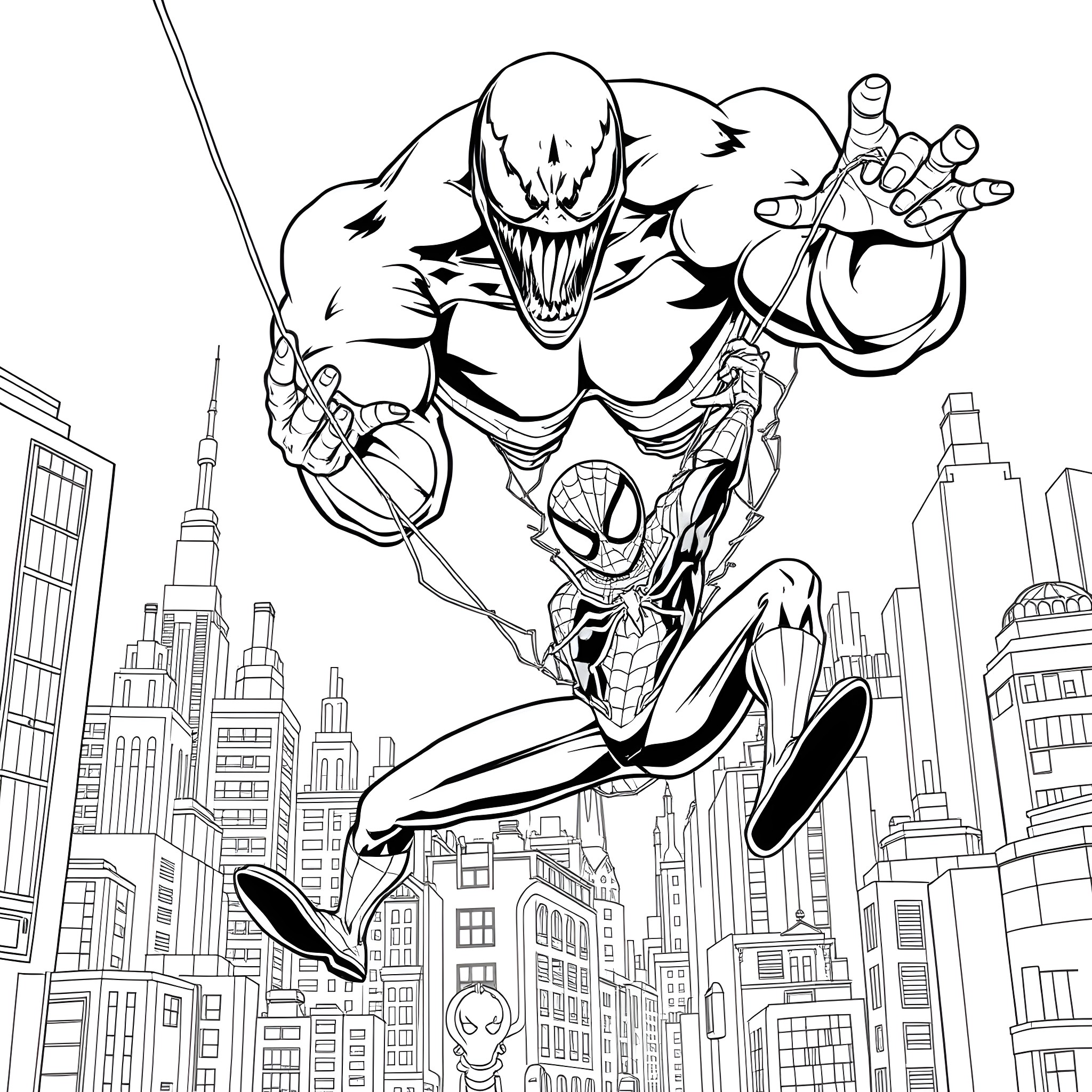 Spiderman battles menacing villain in cityscape Coloring Page (free black-and-white line drawing printable PDF for all, from beginners to advanced learners, including children, teens, adults, and seniors)