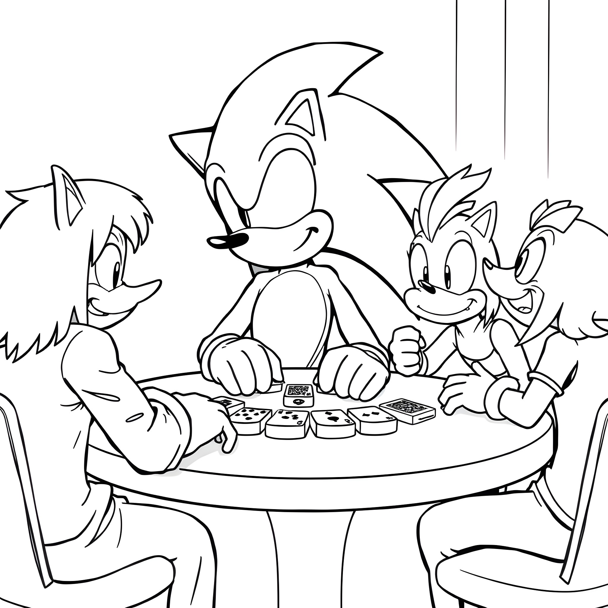 Sonic and friends enjoying a video game session Coloring Page (free black-and-white line drawing printable PDF for all, from beginners to advanced learners, including children, teens, adults, and seniors)