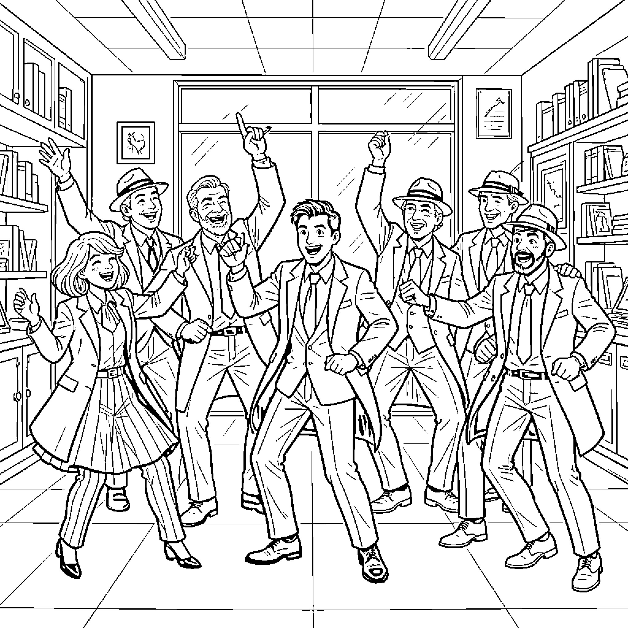 Detective team celebrating joyfully in an office scene Coloring Page (free black-and-white line drawing printable PDF for all, from beginners to advanced learners, including children, teens, adults, and seniors)