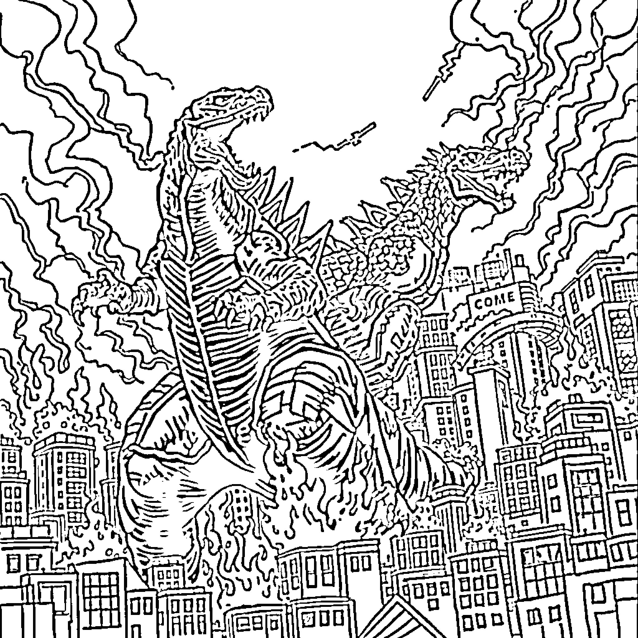 Dragon attacking the city with fire and destruction Coloring Page (free black-and-white line drawing printable PDF for all, from beginners to advanced learners, including children, teens, adults, and seniors)