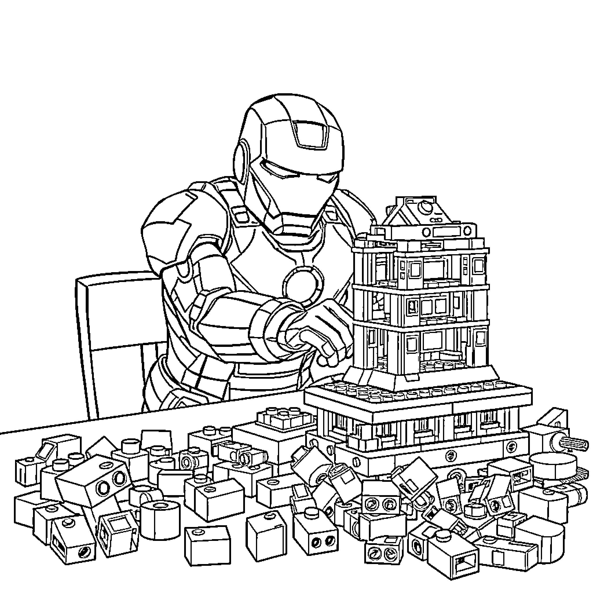 Ironman Building Lego Model with Toy Blocks Coloring Page (free black-and-white line drawing printable PDF for all, from beginners to advanced learners, including children, teens, adults, and seniors)