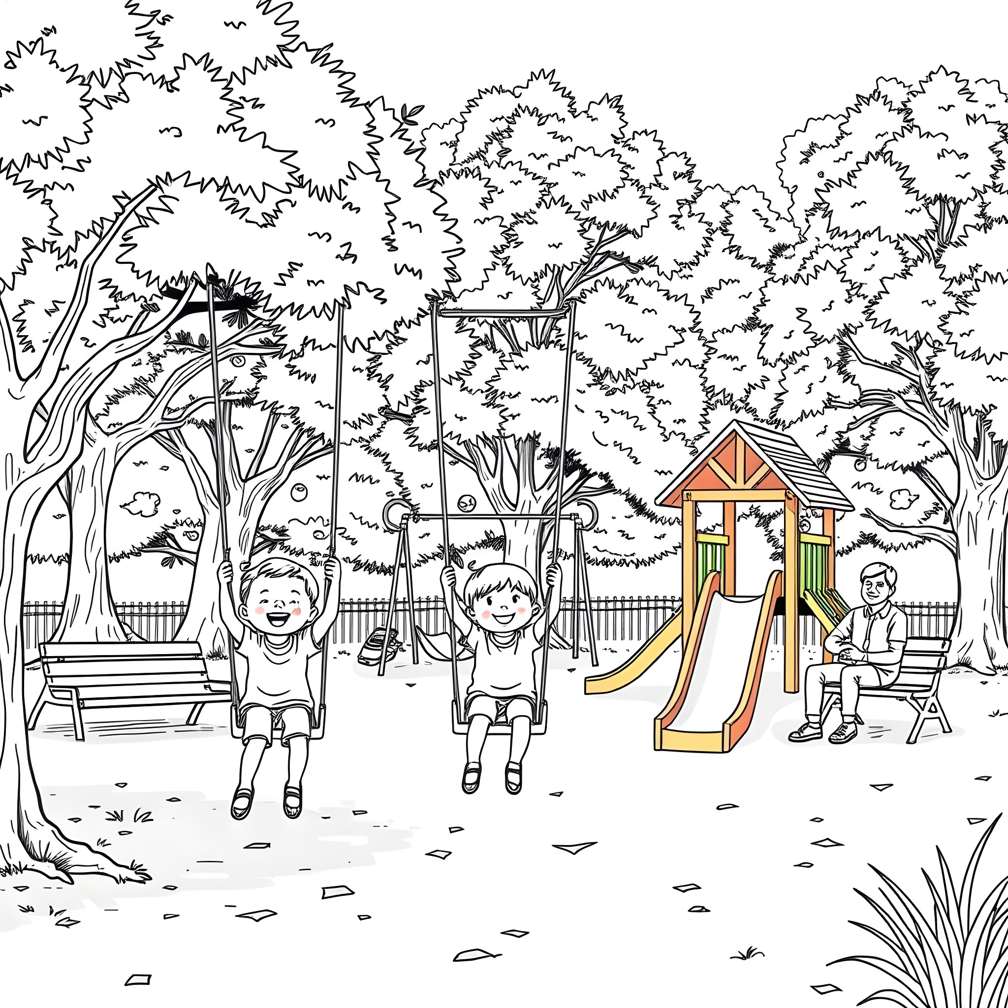 Child playing joyfully on playground equipment in nature Coloring Page (free black-and-white line drawing printable PDF for all, from beginners to advanced learners, including children, teens, adults, and seniors)