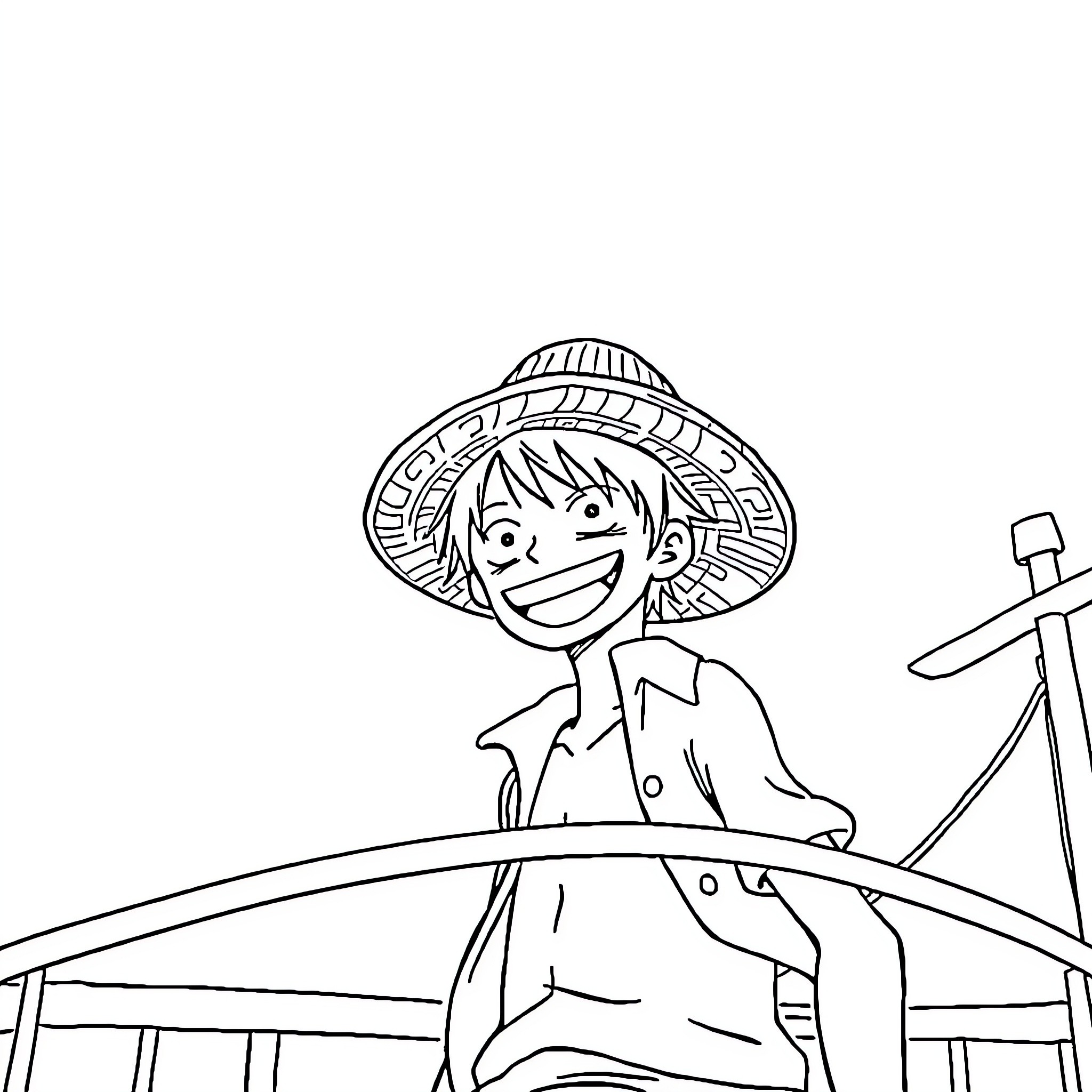 Luffy enjoying a sunny day on the ship Coloring Page (free black-and-white line drawing printable PDF for all, from beginners to advanced learners, including children, teens, adults, and seniors)