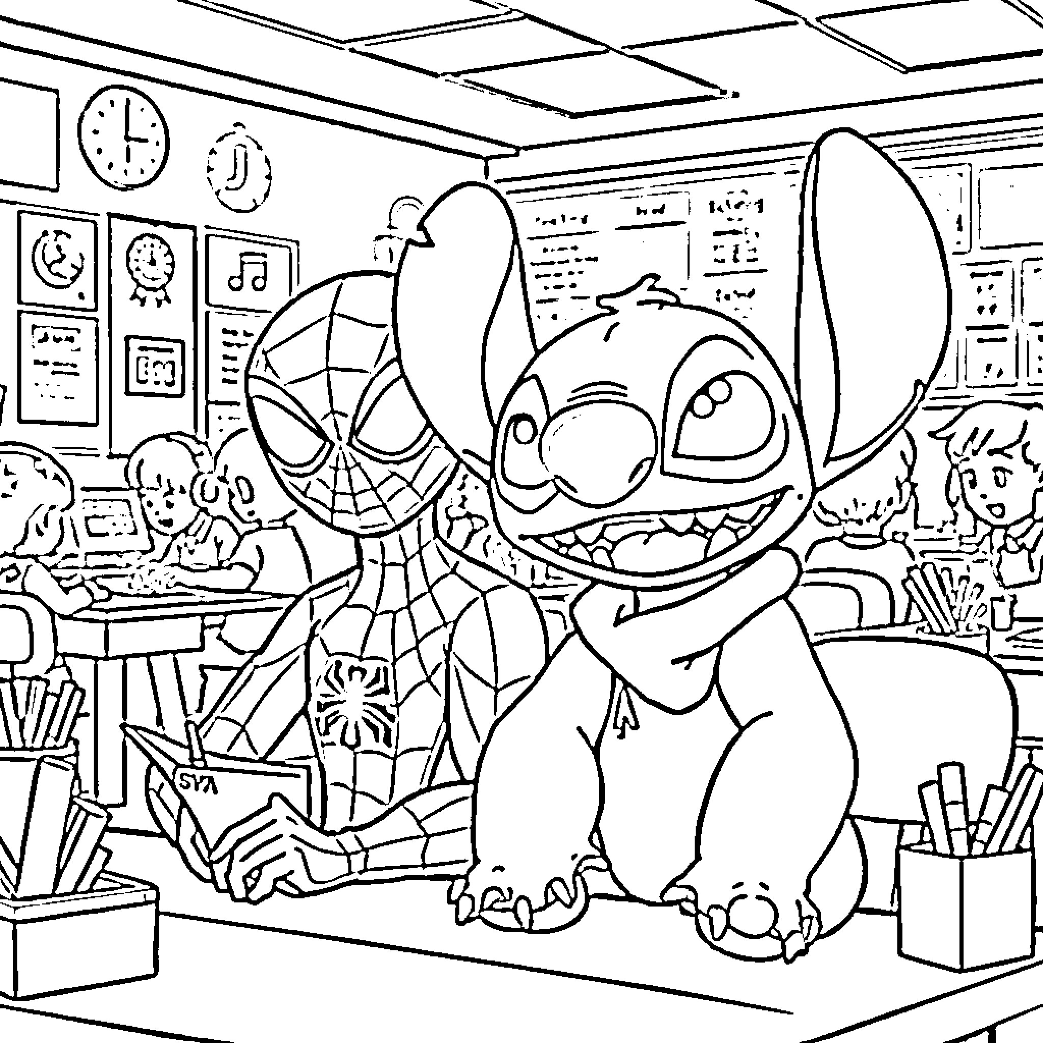 Spidey and Stitch playing in the classroom Coloring Page (free black-and-white line drawing printable PDF for all, from beginners to advanced learners, including children, teens, adults, and seniors)