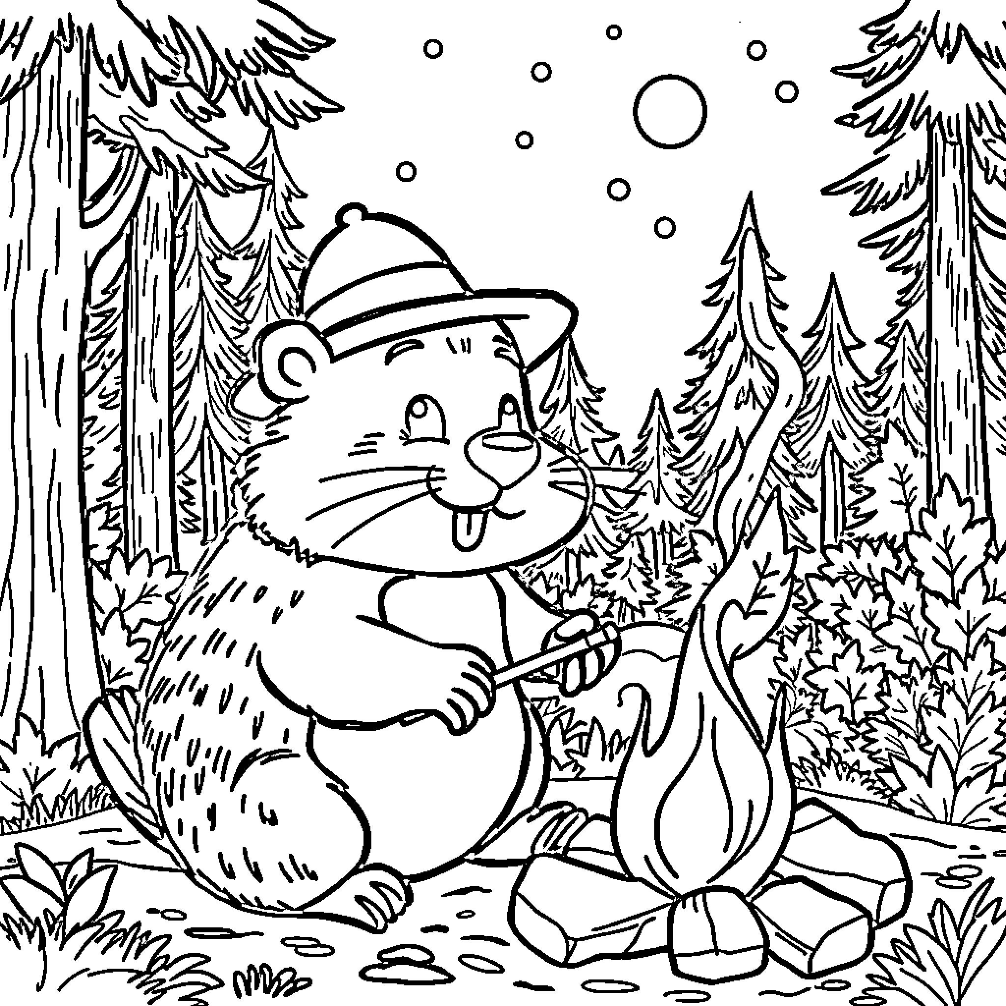 Beaver camping in the snowy forest Coloring Page (free black-and-white line drawing printable PDF for all, from beginners to advanced learners, including children, teens, adults, and seniors)