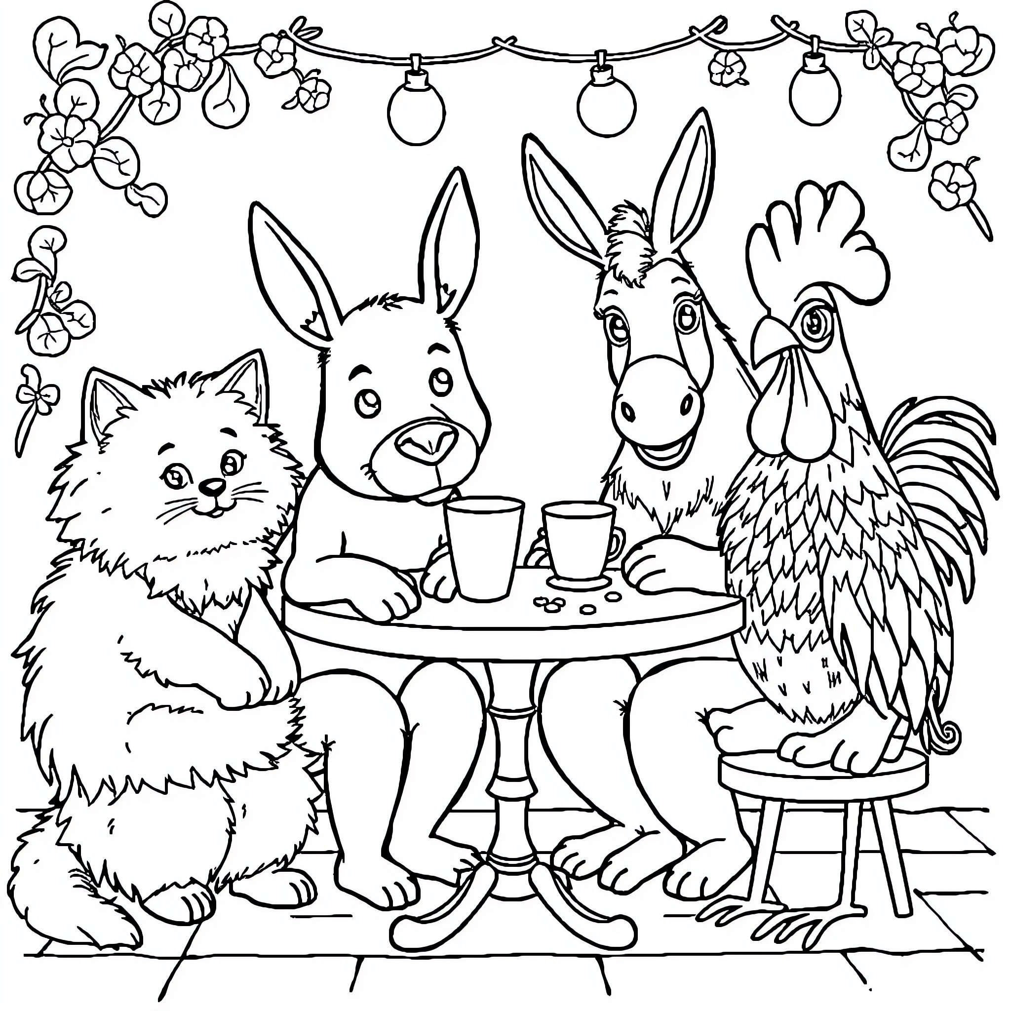 Animal Friends Enjoying a Garden Party Coloring Page (free black-and-white line drawing printable PDF for all, from beginners to advanced learners, including children, teens, adults, and seniors)