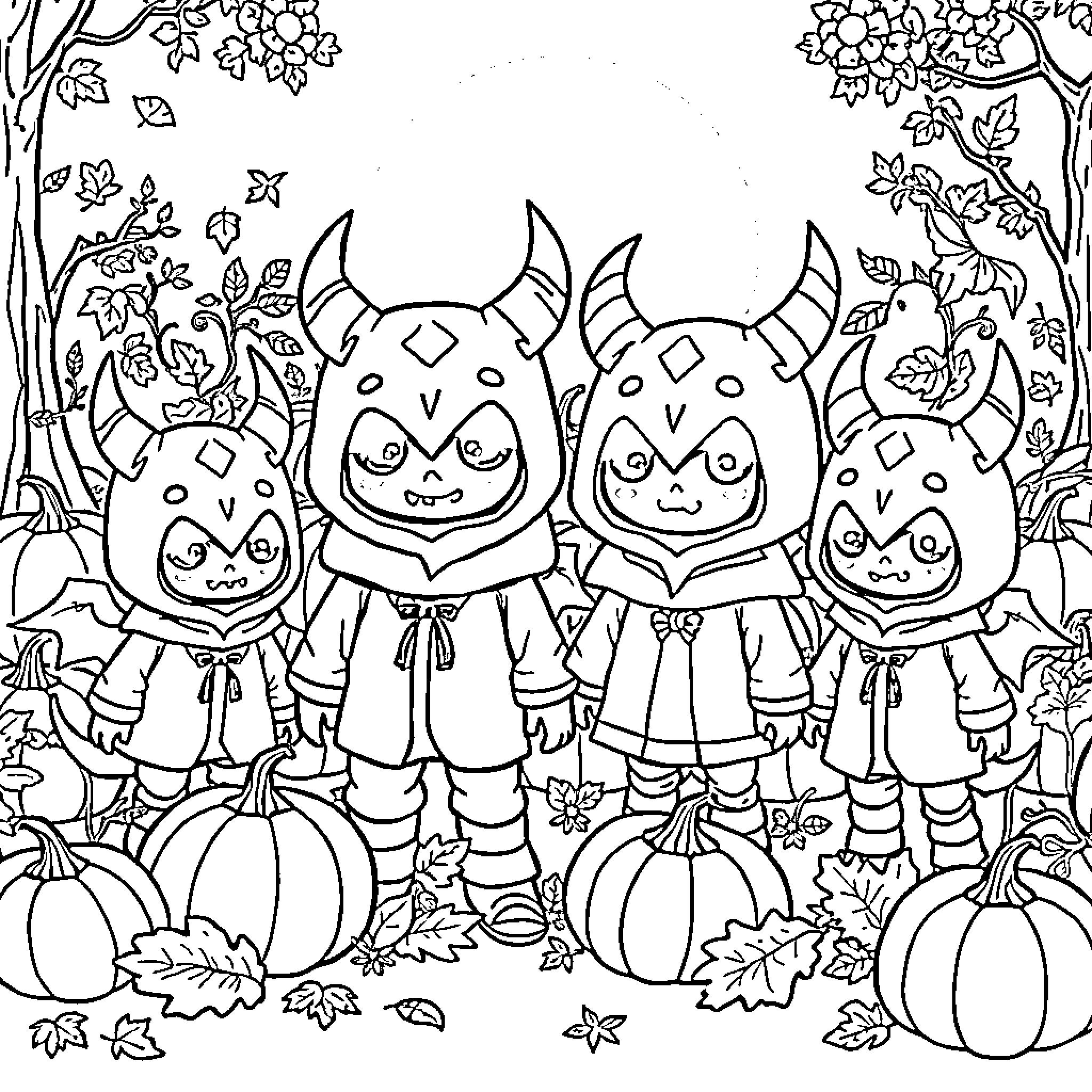 Demon Hunters in Autumn Forest Coloring Page (free black-and-white line drawing printable PDF for all, from beginners to advanced learners, including children, teens, adults, and seniors)