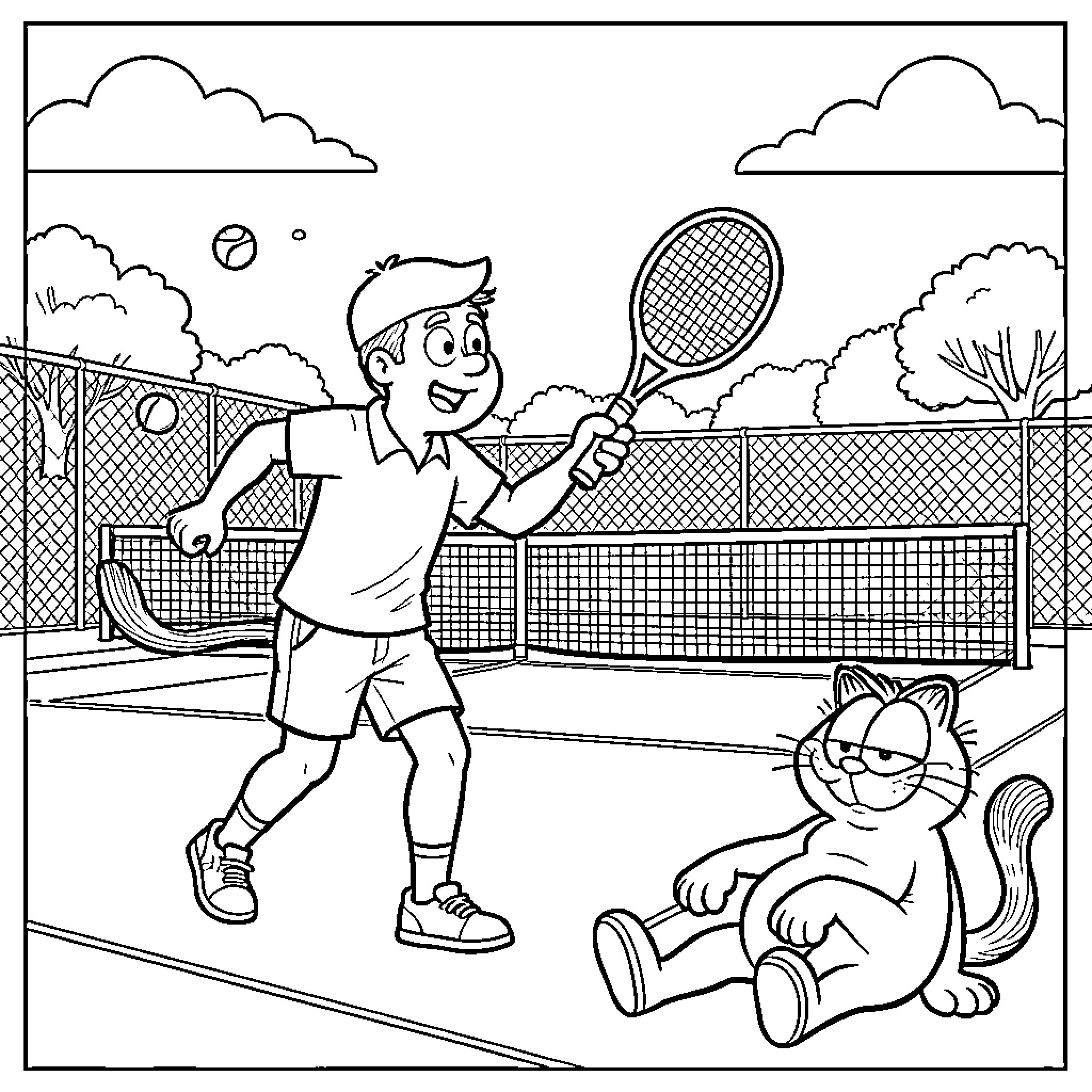 Ross playing tennis on a court with a cat Coloring Page (free black-and-white line drawing printable PDF for all, from beginners to advanced learners, including children, teens, adults, and seniors)