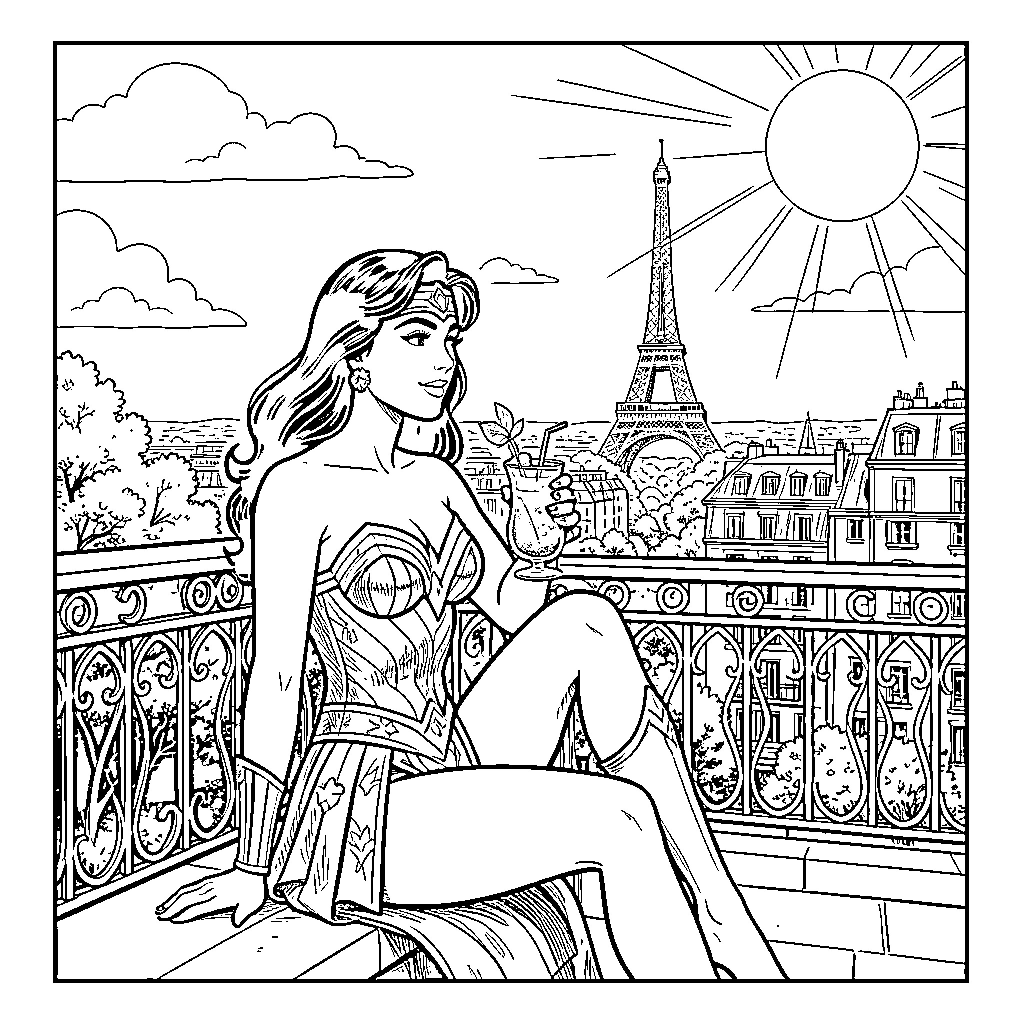 Wonder Woman relaxing with a drink in Paris Coloring Page (free black-and-white line drawing printable PDF for all, from beginners to advanced learners, including children, teens, adults, and seniors)