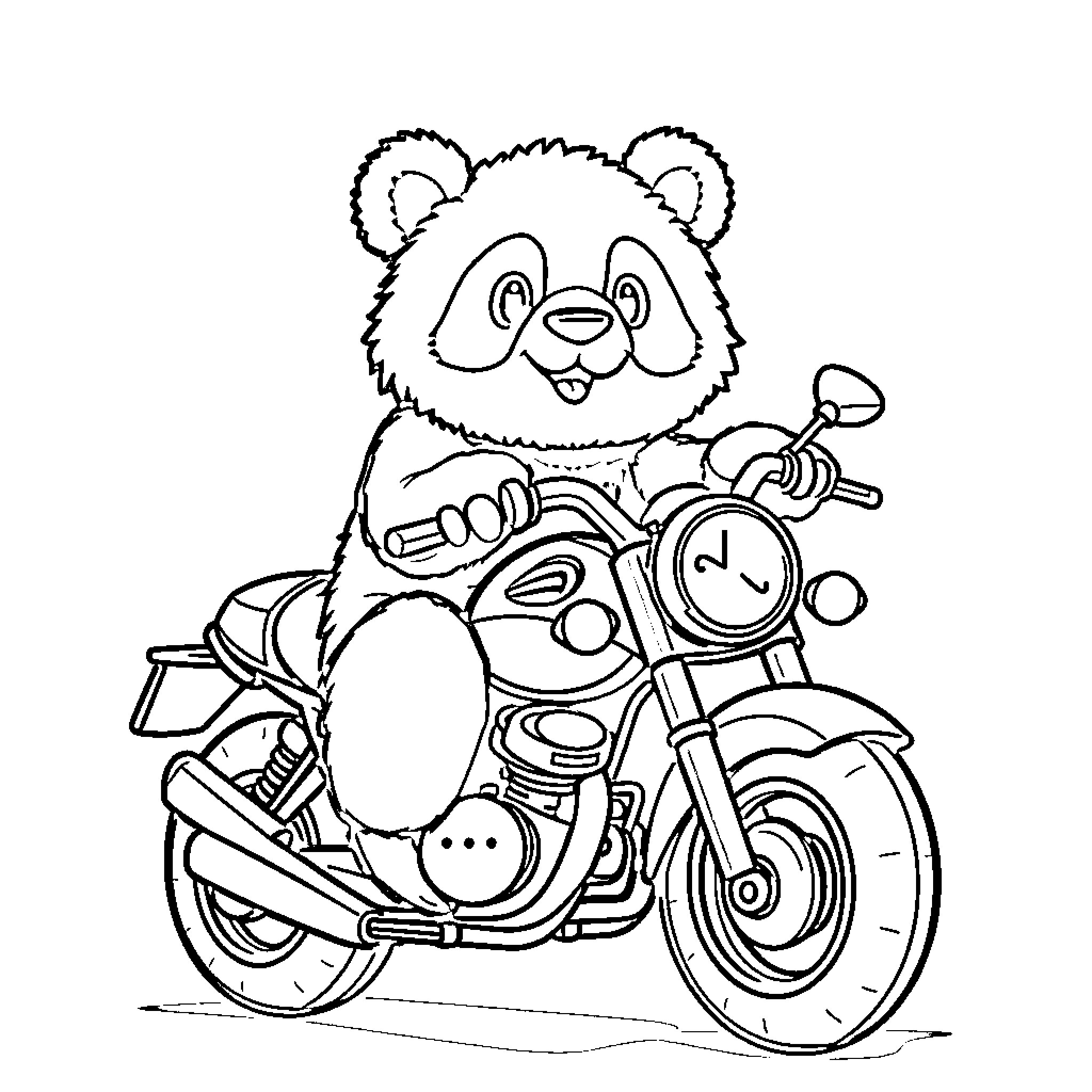 Panda riding a motorcycle with enthusiasm Coloring Page (free black-and-white line drawing printable PDF for all, from beginners to advanced learners, including children, teens, adults, and seniors)