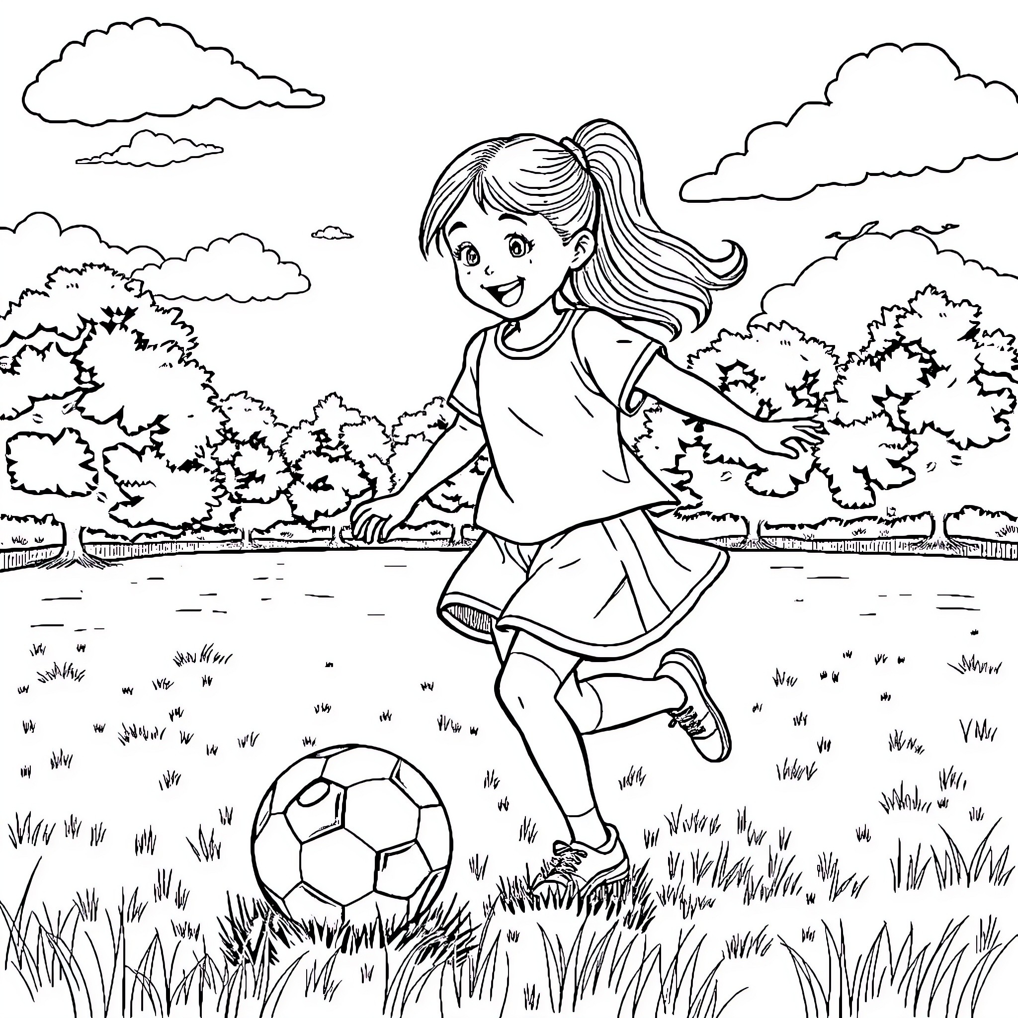 Girl playing with soccer ball in the park Coloring Page (free black-and-white line drawing printable PDF for all, from beginners to advanced learners, including children, teens, adults, and seniors)