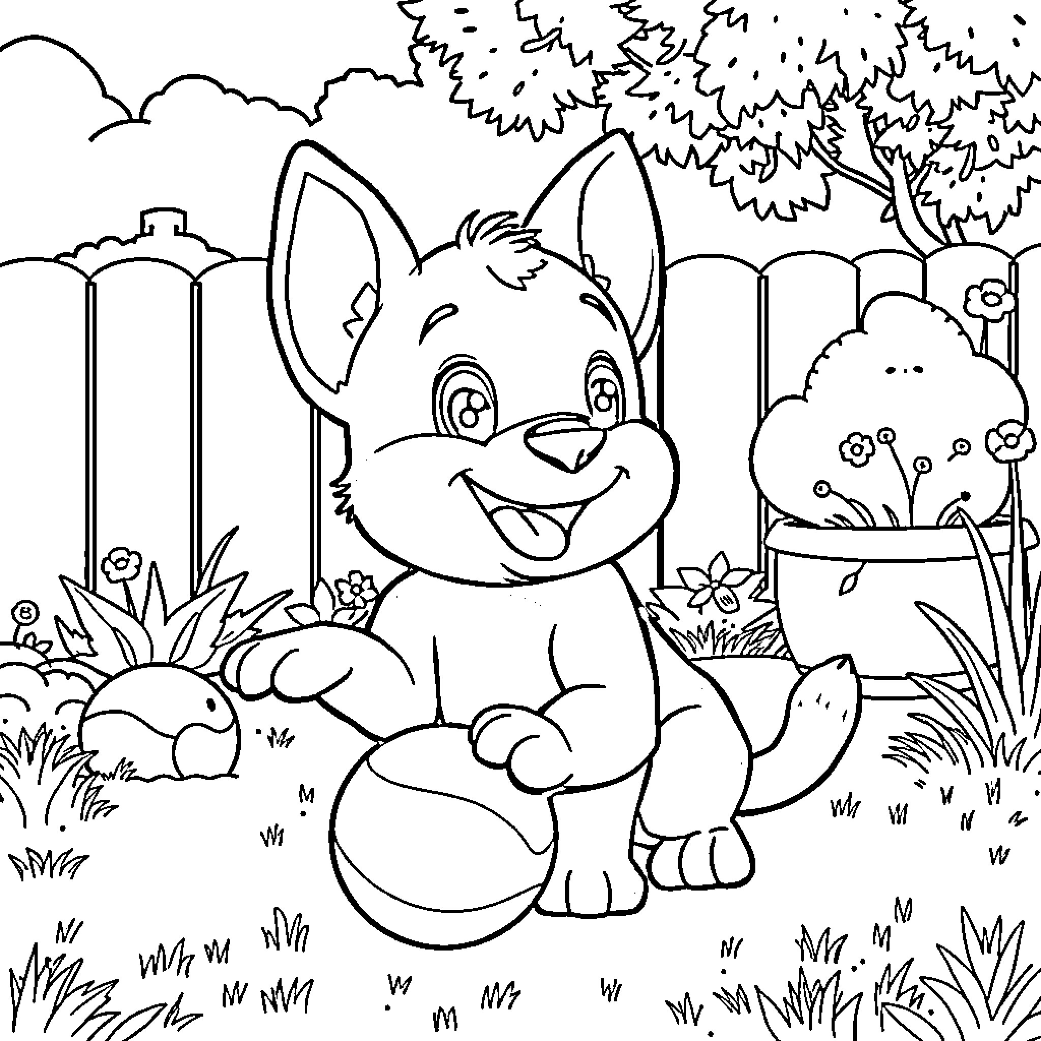 Bluey playing happily in the garden Coloring Page (free black-and-white line drawing printable PDF for all, from beginners to advanced learners, including children, teens, adults, and seniors)