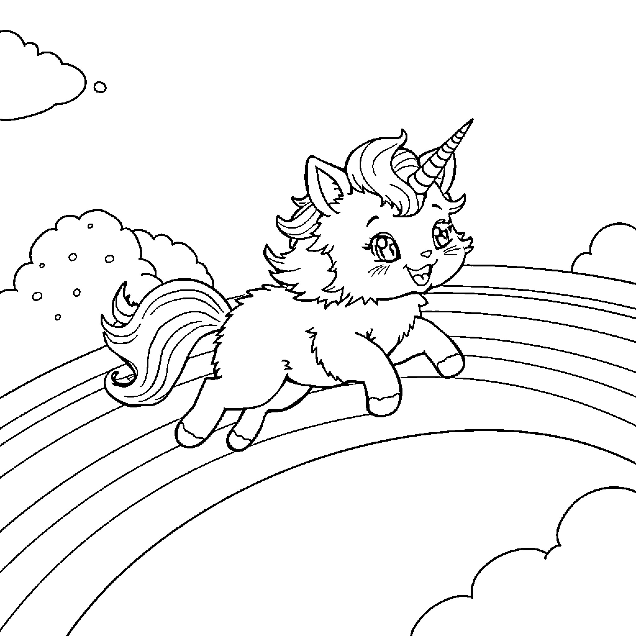 Unicorn playing happily in the sky Coloring Page (free black-and-white line drawing printable PDF for all, from beginners to advanced learners, including children, teens, adults, and seniors)