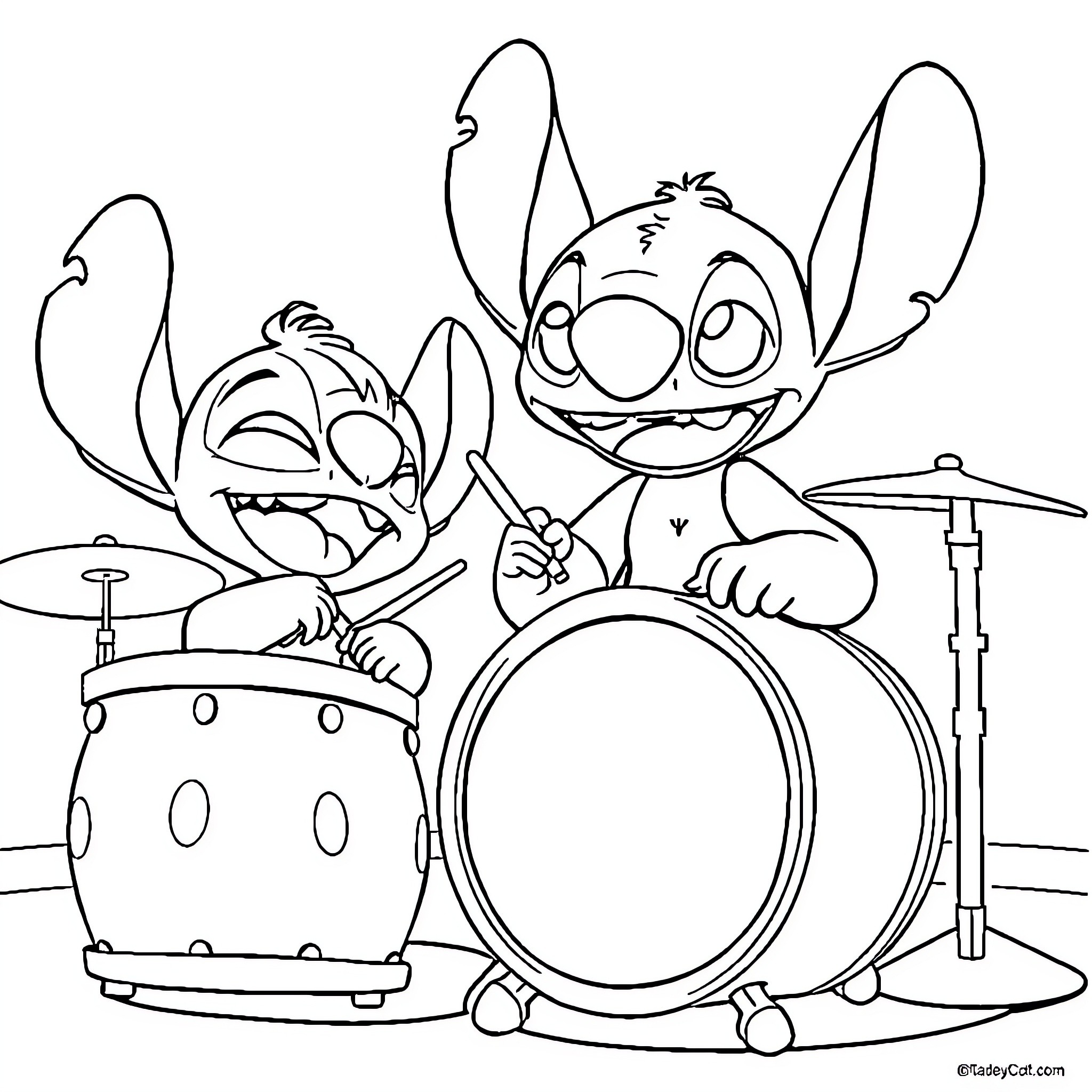 Stitch and friend playing drums joyfully Coloring Page (free black-and-white line drawing printable PDF for all, from beginners to advanced learners, including children, teens, adults, and seniors)