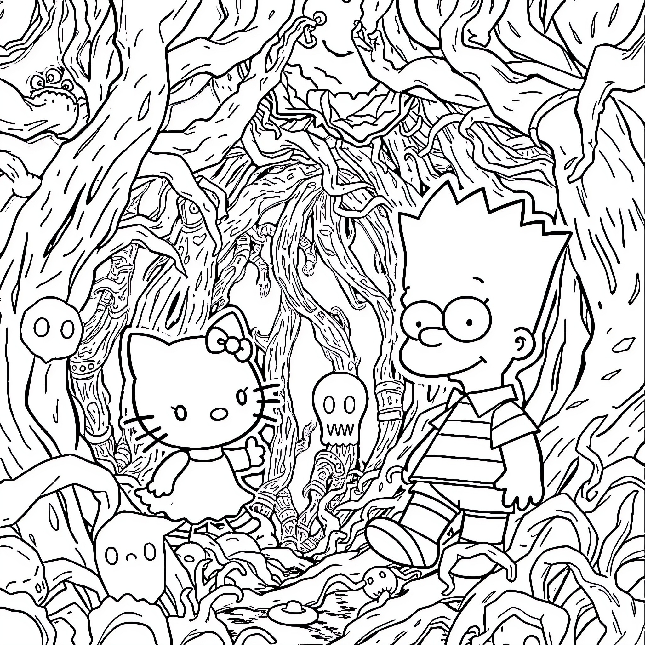 Hello Kitty explores the enchanted forest with friends Coloring Page (free black-and-white line drawing printable PDF for all, from beginners to advanced learners, including children, teens, adults, and seniors)