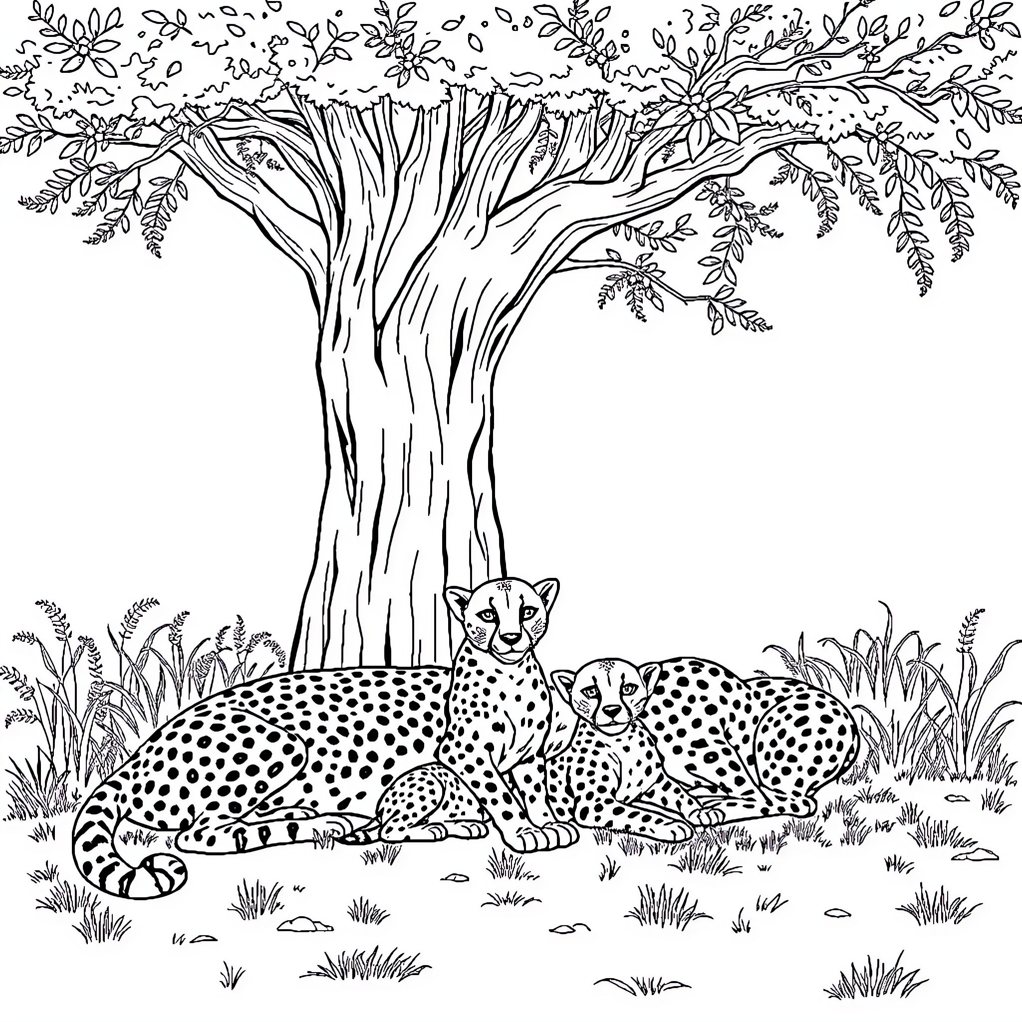 Cheetahs resting under a majestic tree Coloring Page (free black-and-white line drawing printable PDF for all, from beginners to advanced learners, including children, teens, adults, and seniors)