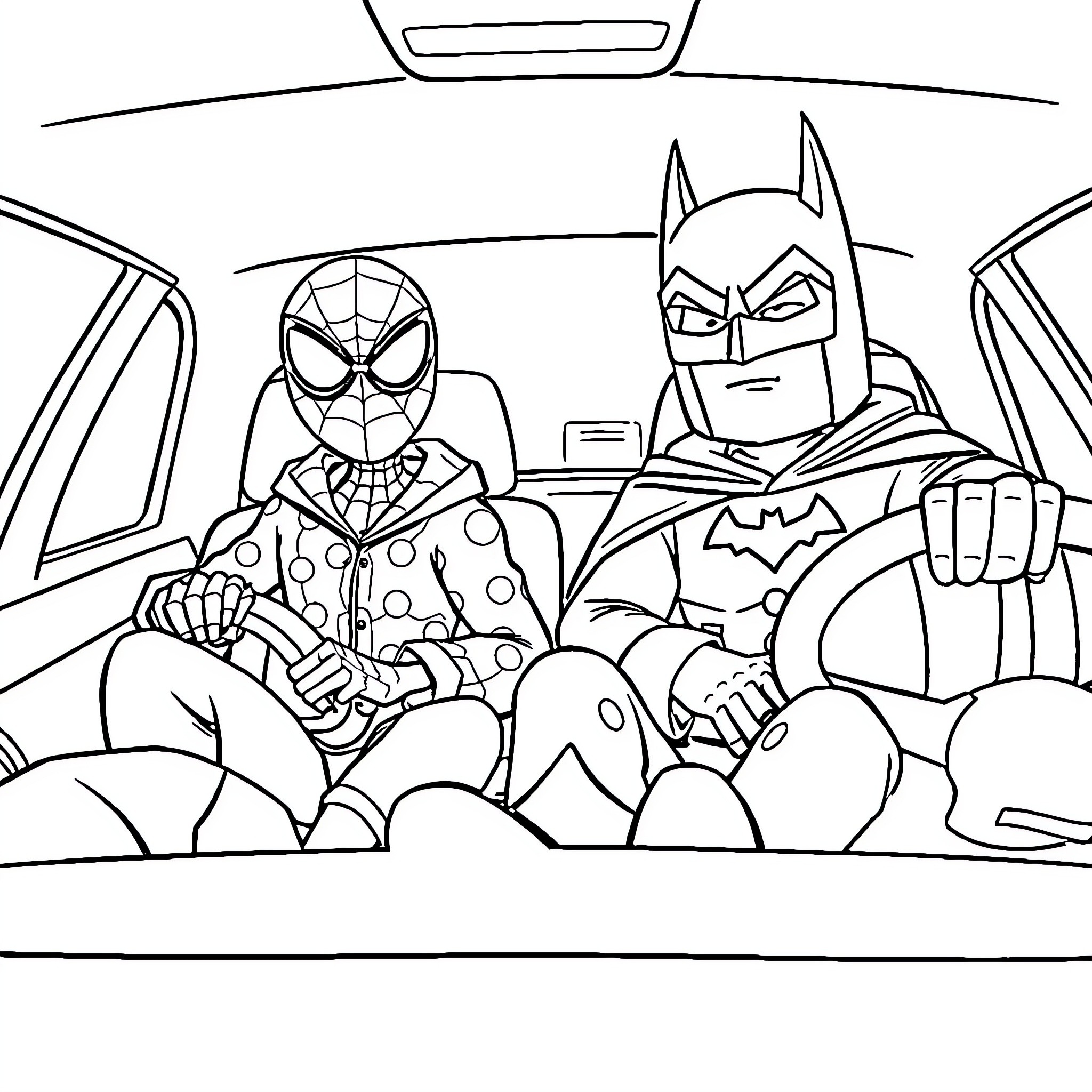 Superhero Friends Ride in the Car Together Coloring Page (free black-and-white line drawing printable PDF for all, from beginners to advanced learners, including children, teens, adults, and seniors)