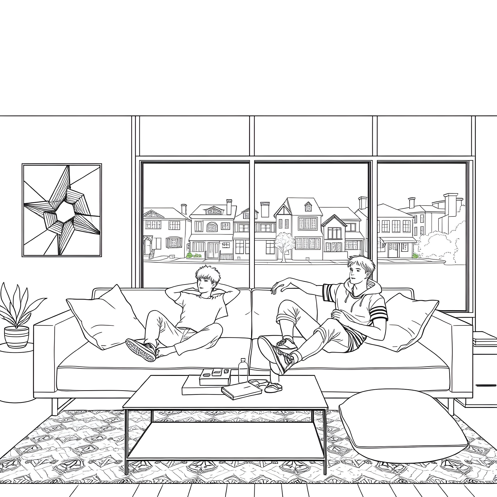 Teenager relaxing and enjoying leisure time in living room Coloring Page (free black-and-white line drawing printable PDF for all, from beginners to advanced learners, including children, teens, adults, and seniors)