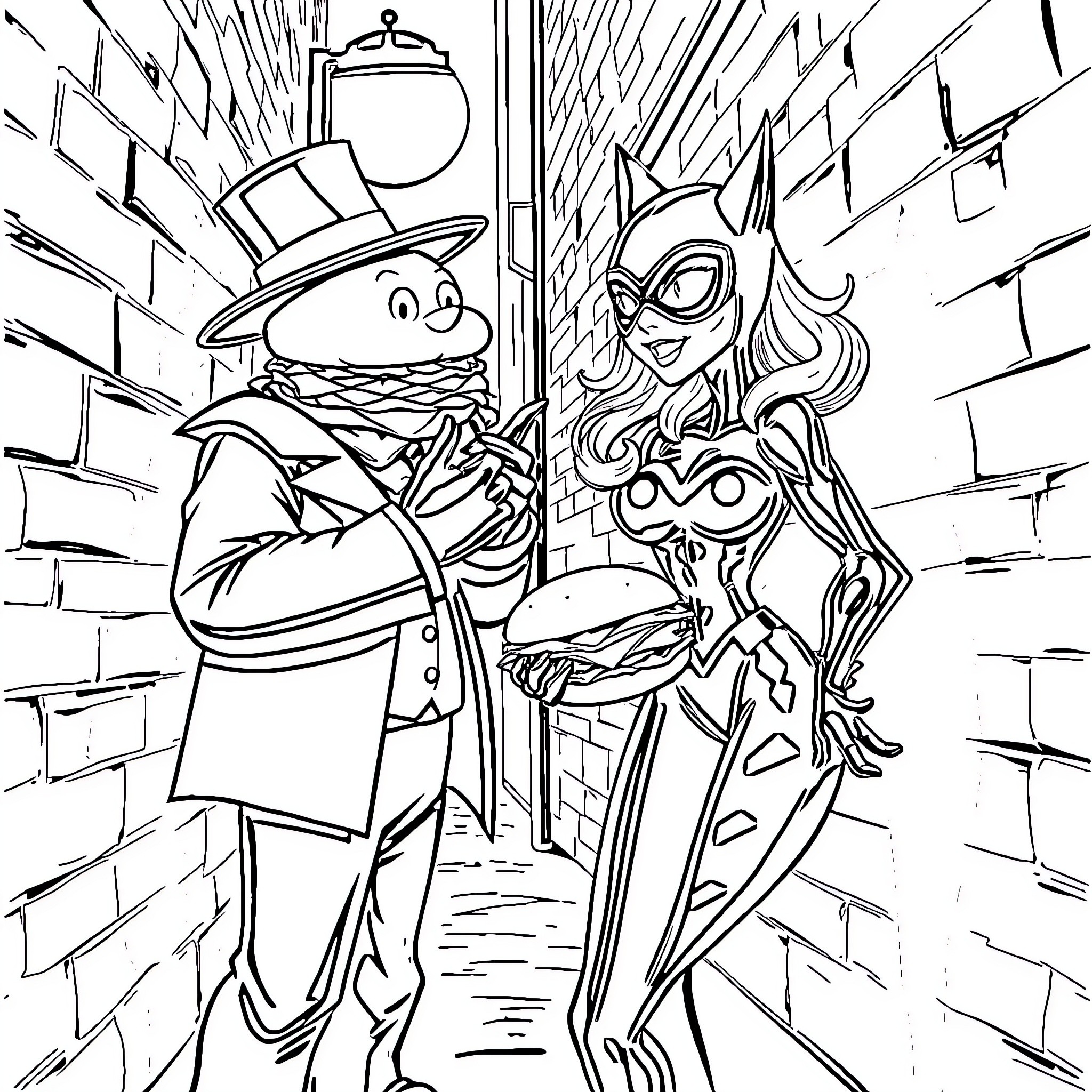 Hamburglar and Batgirl in an animated confrontation Coloring Page (free black-and-white line drawing printable PDF for all, from beginners to advanced learners, including children, teens, adults, and seniors)
