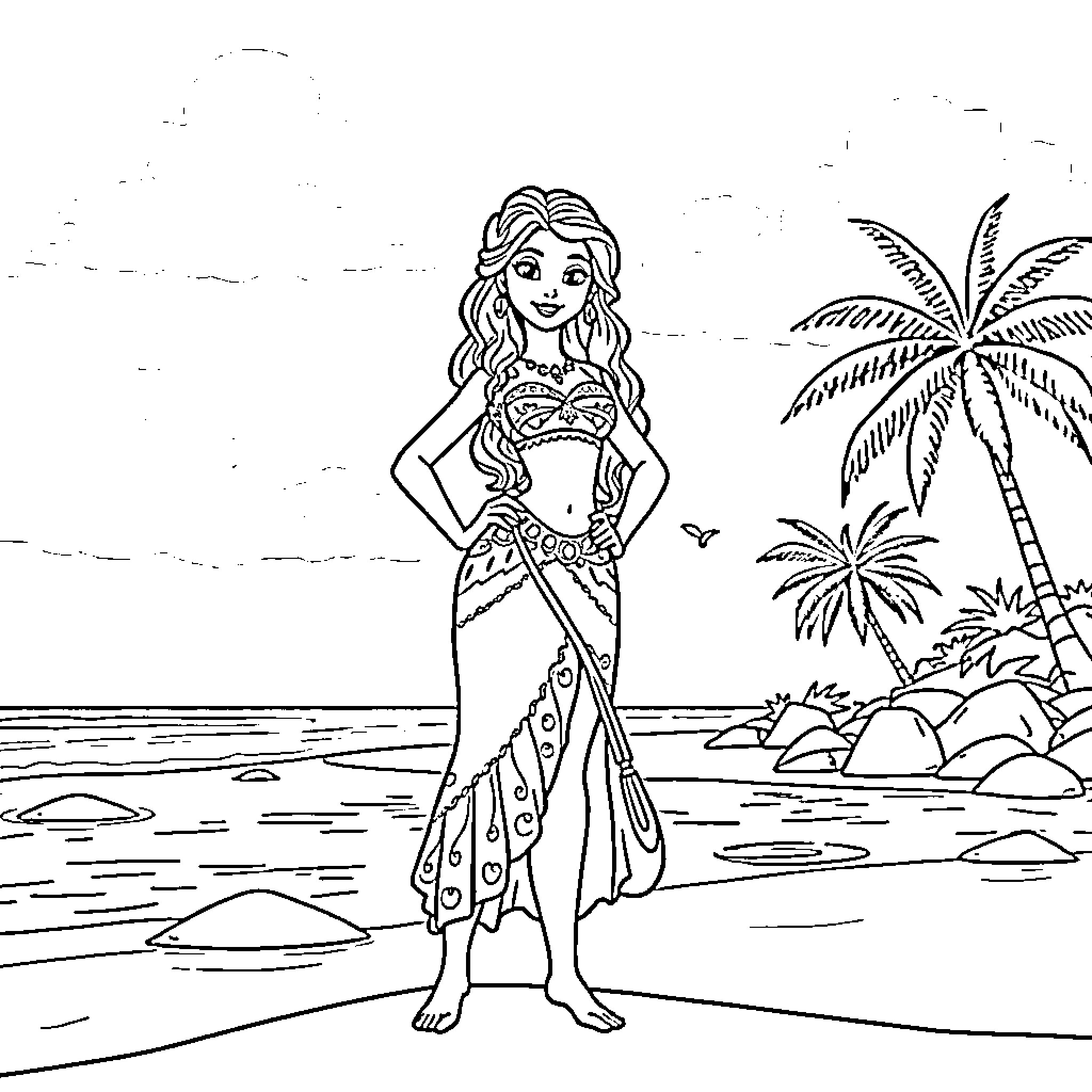Vaiana enjoying a tropical beach scene Coloring Page (free black-and-white line drawing printable PDF for all, from beginners to advanced learners, including children, teens, adults, and seniors)