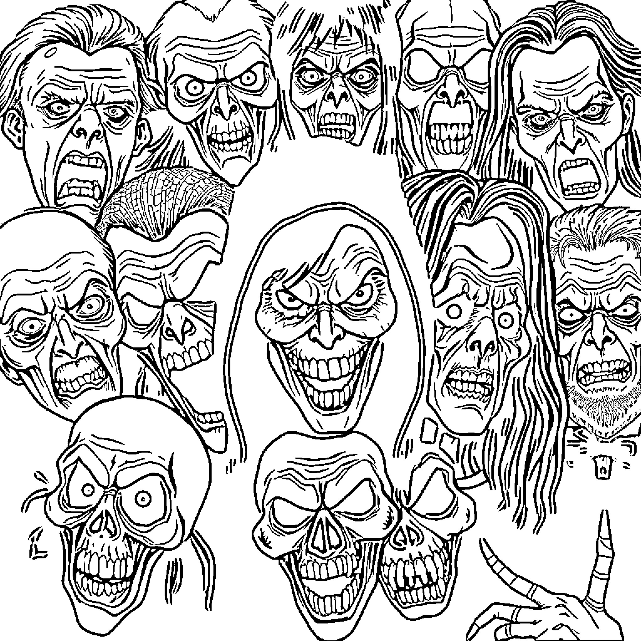 Horror Movie Character Expressions and Outfits Coloring Page (free black-and-white line drawing printable PDF for all, from beginners to advanced learners, including children, teens, adults, and seniors)