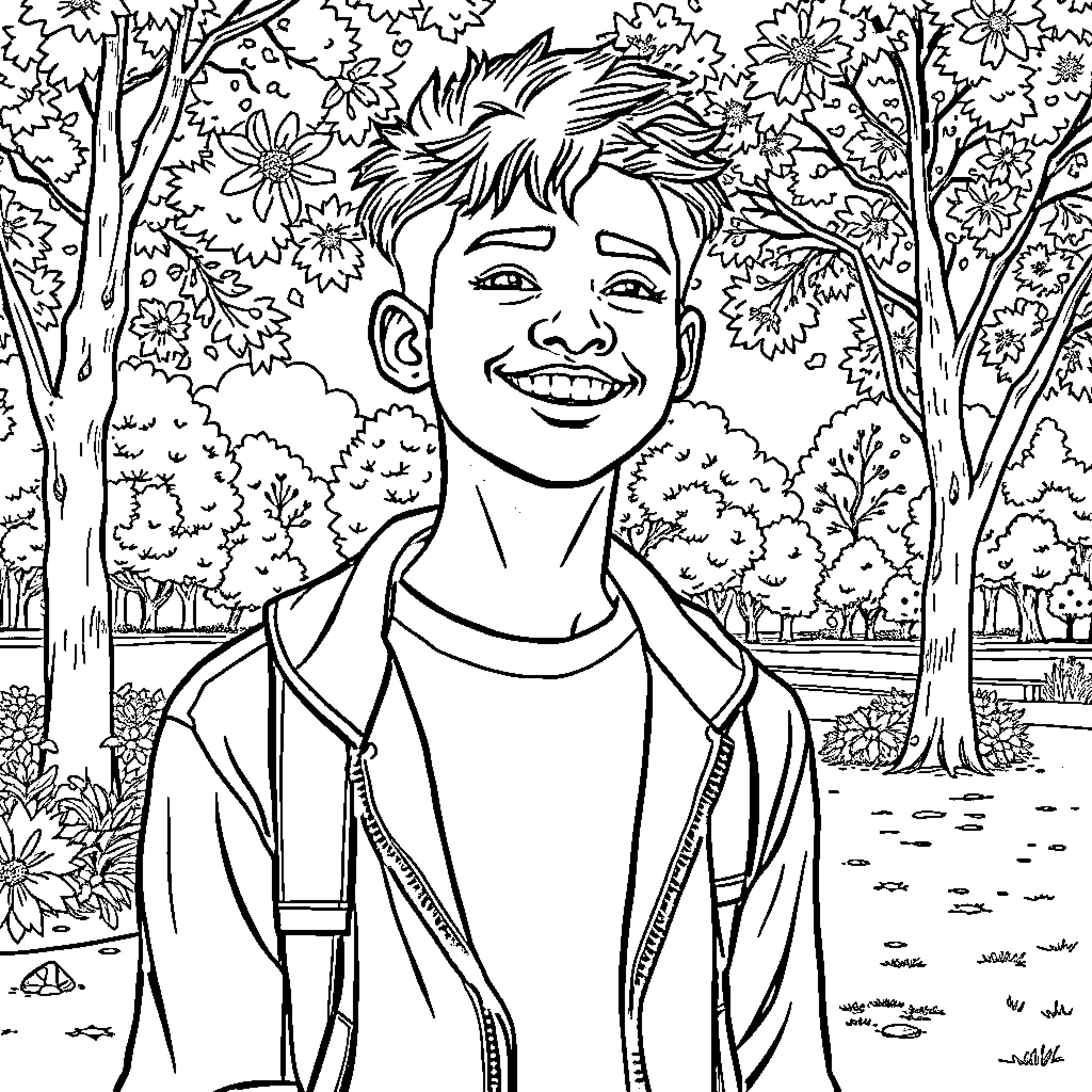 Anime-inspired character enjoying nature's beauty Coloring Page (free black-and-white line drawing printable PDF for all, from beginners to advanced learners, including children, teens, adults, and seniors)
