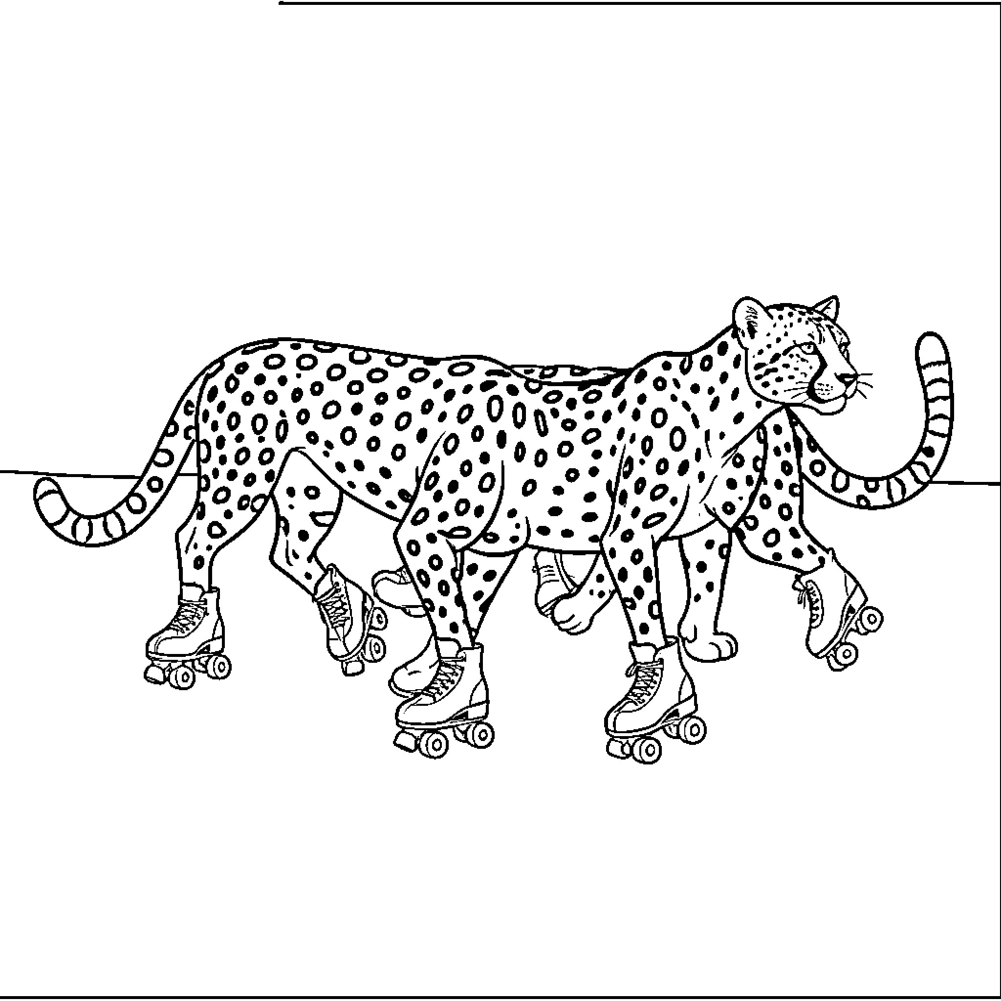 Cheetah roller skating gracefully on the track Coloring Page (free black-and-white line drawing printable PDF for all, from beginners to advanced learners, including children, teens, adults, and seniors)