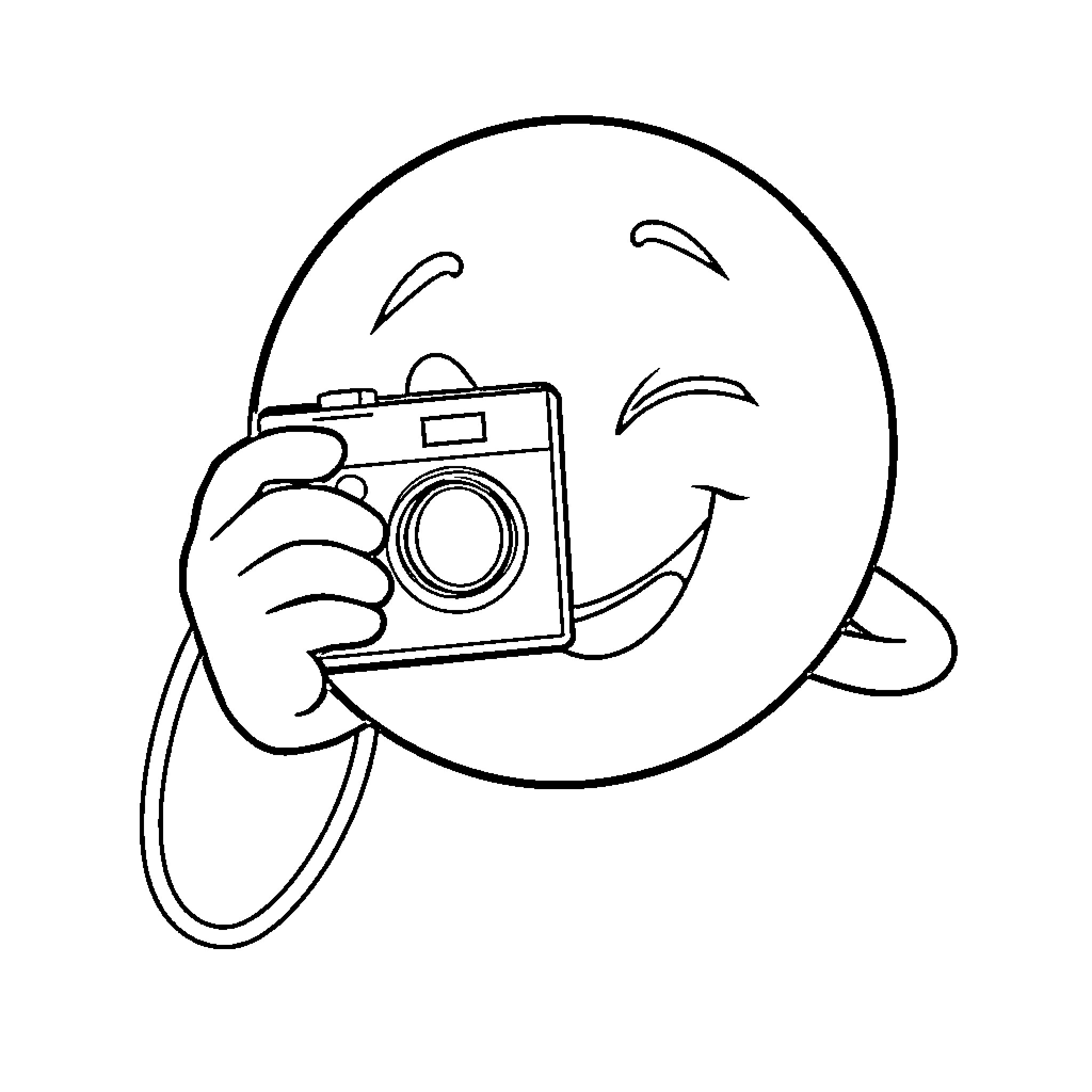Emoji taking a photo with a camera Coloring Page (free black-and-white line drawing printable PDF for all, from beginners to advanced learners, including children, teens, adults, and seniors)