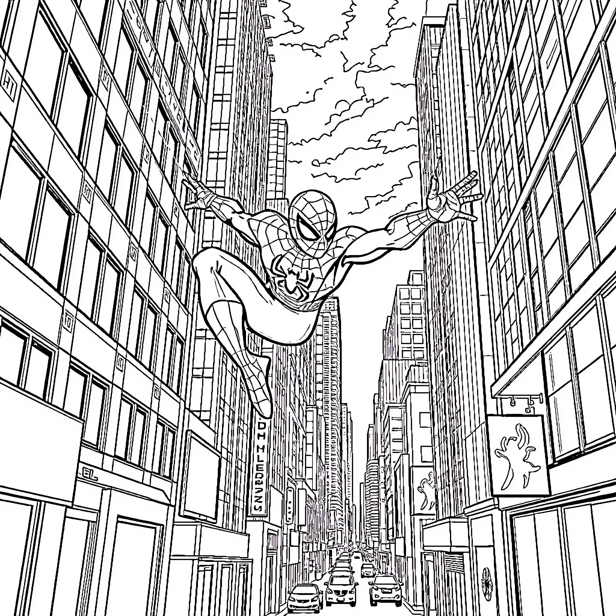 Spiderman swinging through the city Coloring Page (free black-and-white line drawing printable PDF for all, from beginners to advanced learners, including children, teens, adults, and seniors)