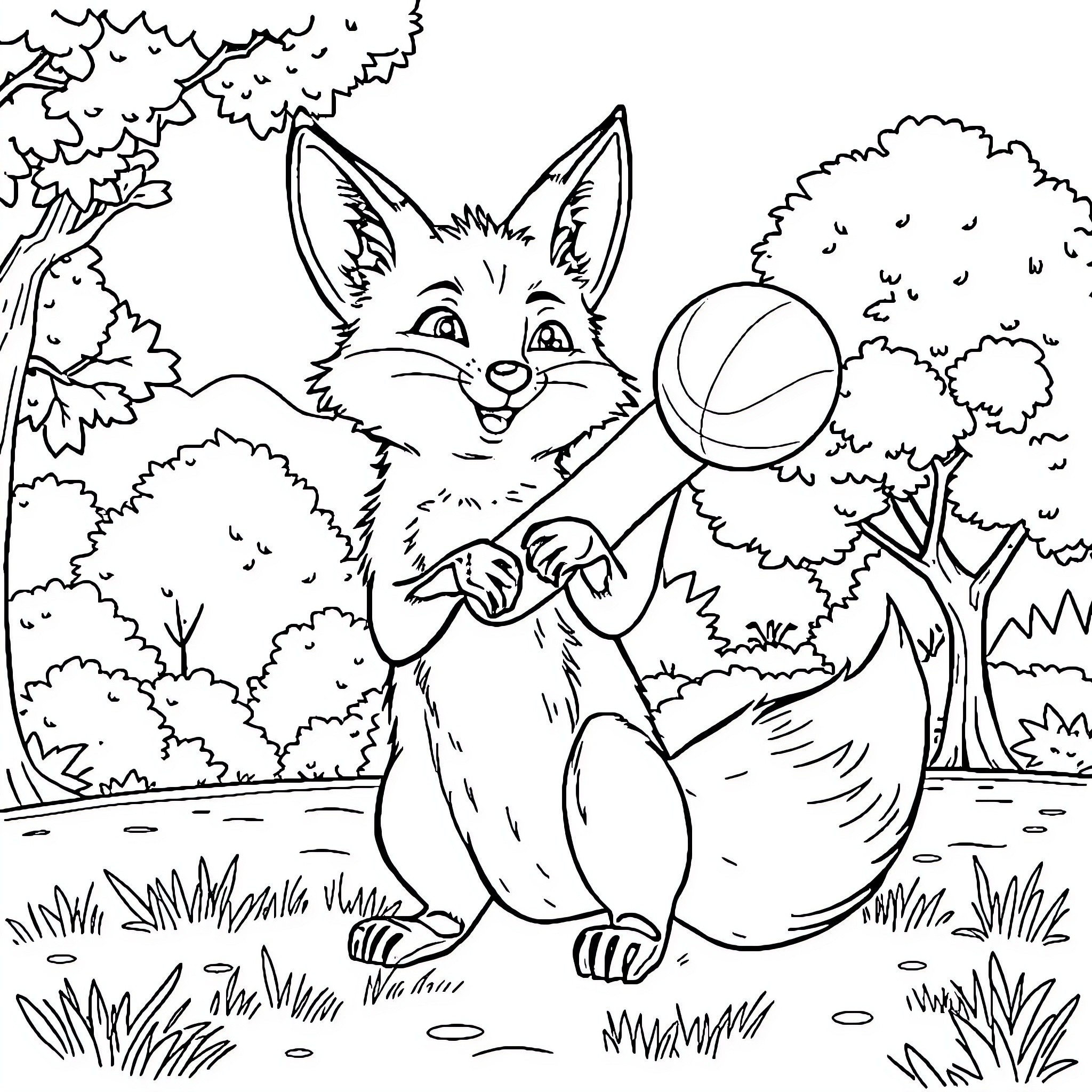 Fox playing with ball in forest Coloring Page (free black-and-white line drawing printable PDF for all, from beginners to advanced learners, including children, teens, adults, and seniors)