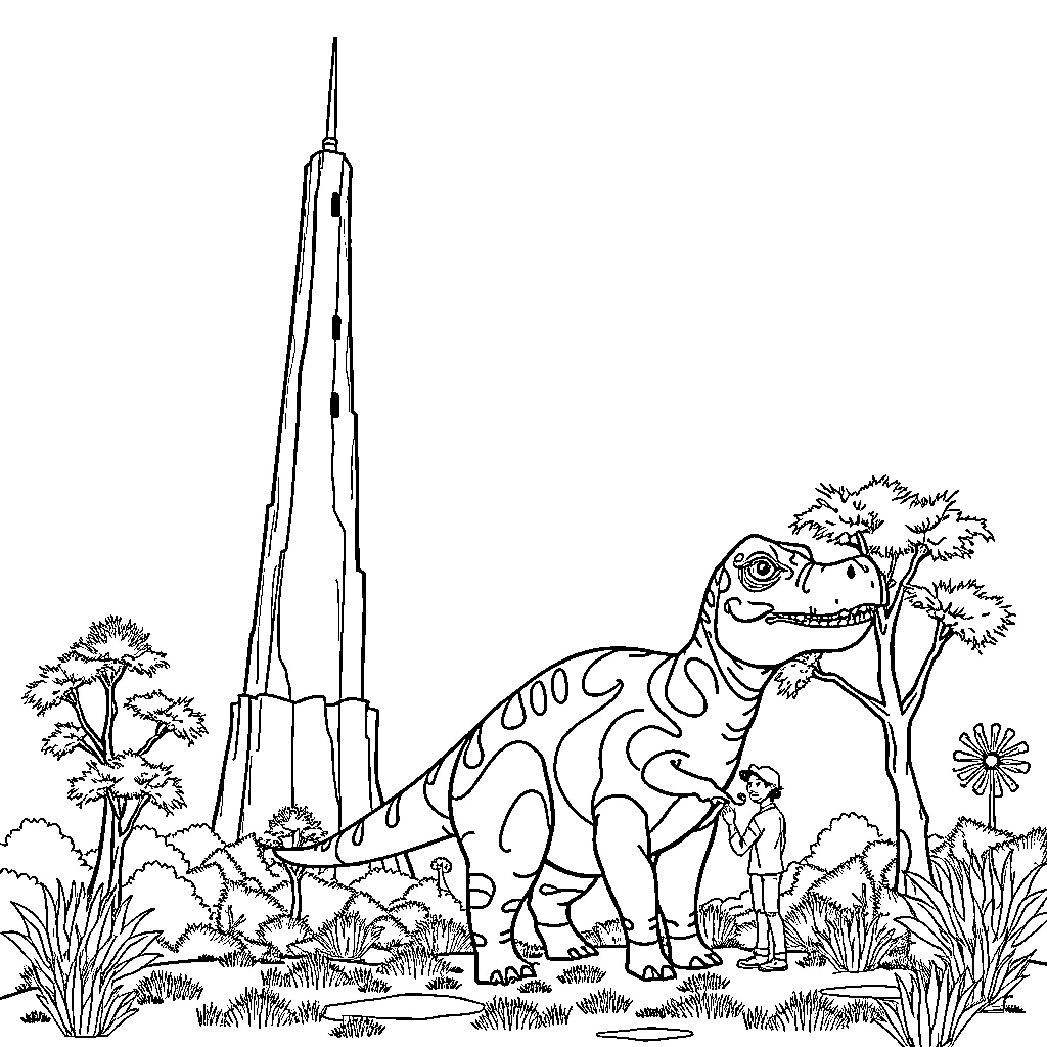 Tower among dinosaurs in natural setting Coloring Page (free black-and-white line drawing printable PDF for all, from beginners to advanced learners, including children, teens, adults, and seniors)