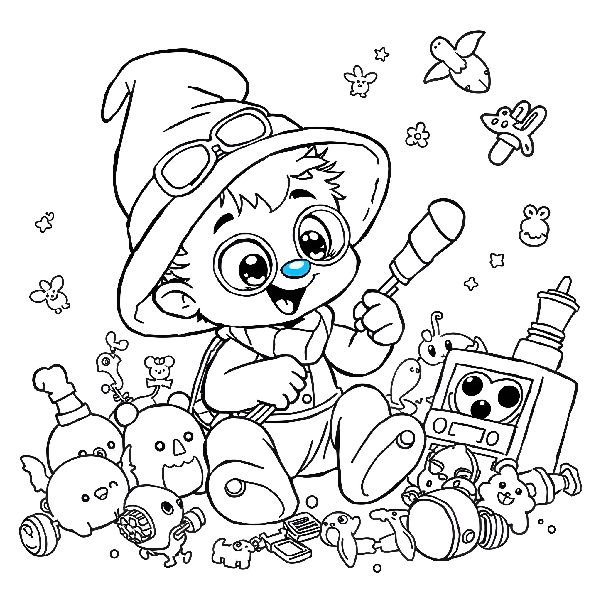 Bluey's Fun-Filled Adventures with Toys and Friends Coloring Page (free black-and-white line drawing printable PDF for all, from beginners to advanced learners, including children, teens, adults, and seniors)