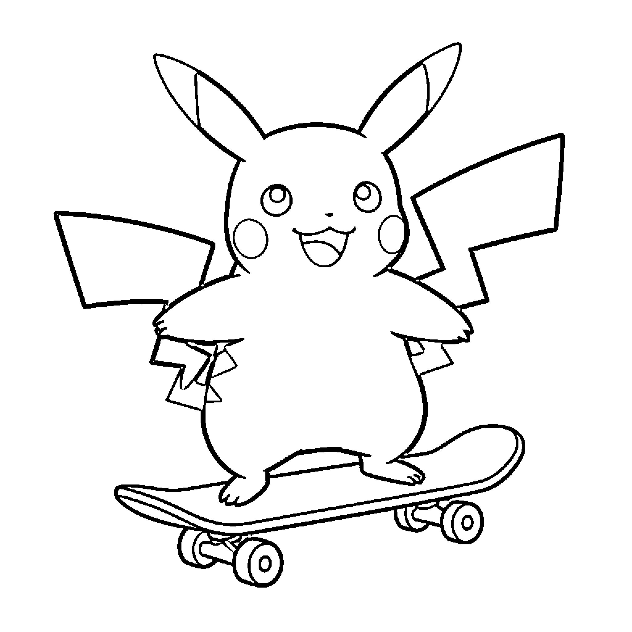Pikachu smiling while riding a skateboard Coloring Page (free black-and-white line drawing printable PDF for all, from beginners to advanced learners, including children, teens, adults, and seniors)