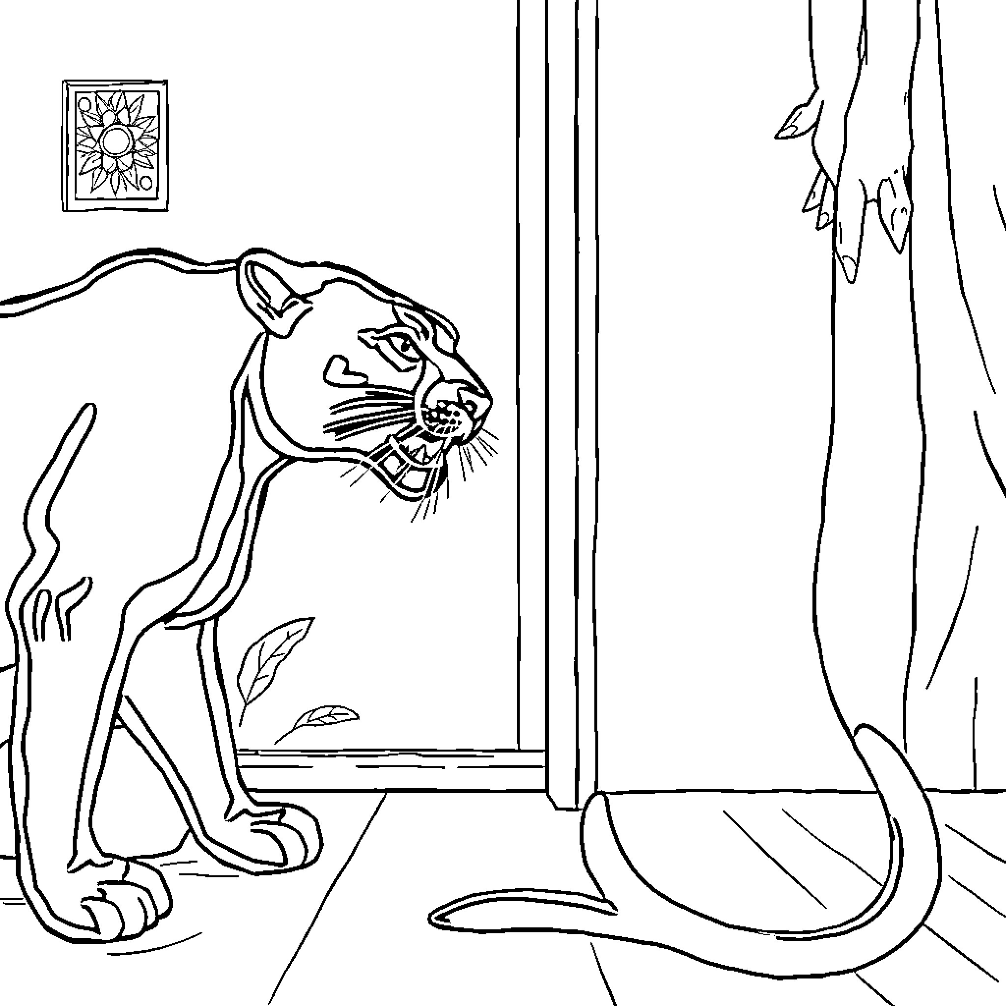 Panther stalking through a domestic scene Coloring Page (free black-and-white line drawing printable PDF for all, from beginners to advanced learners, including children, teens, adults, and seniors)