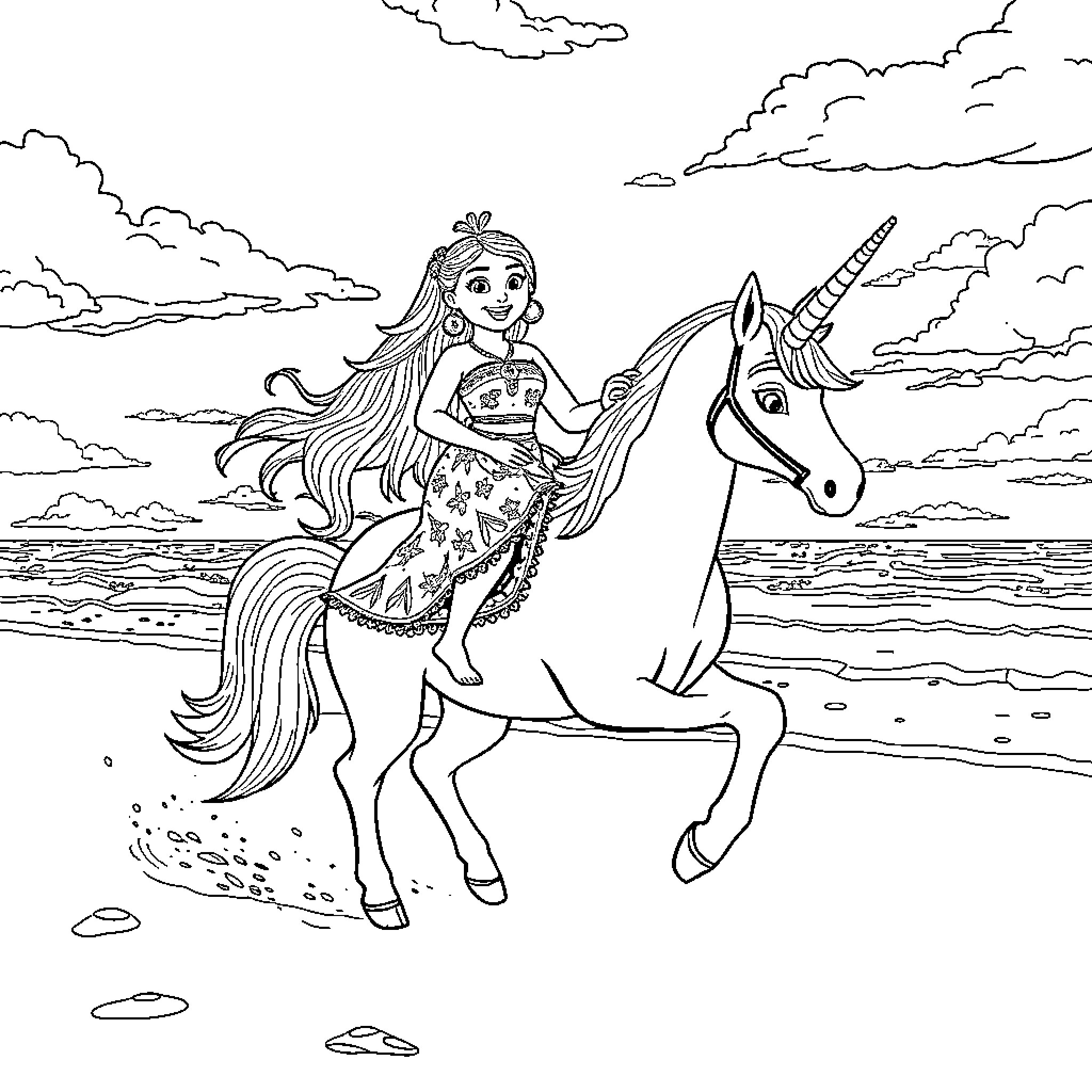 Moana riding a magical unicorn by the sea Coloring Page (free black-and-white line drawing printable PDF for all, from beginners to advanced learners, including children, teens, adults, and seniors)