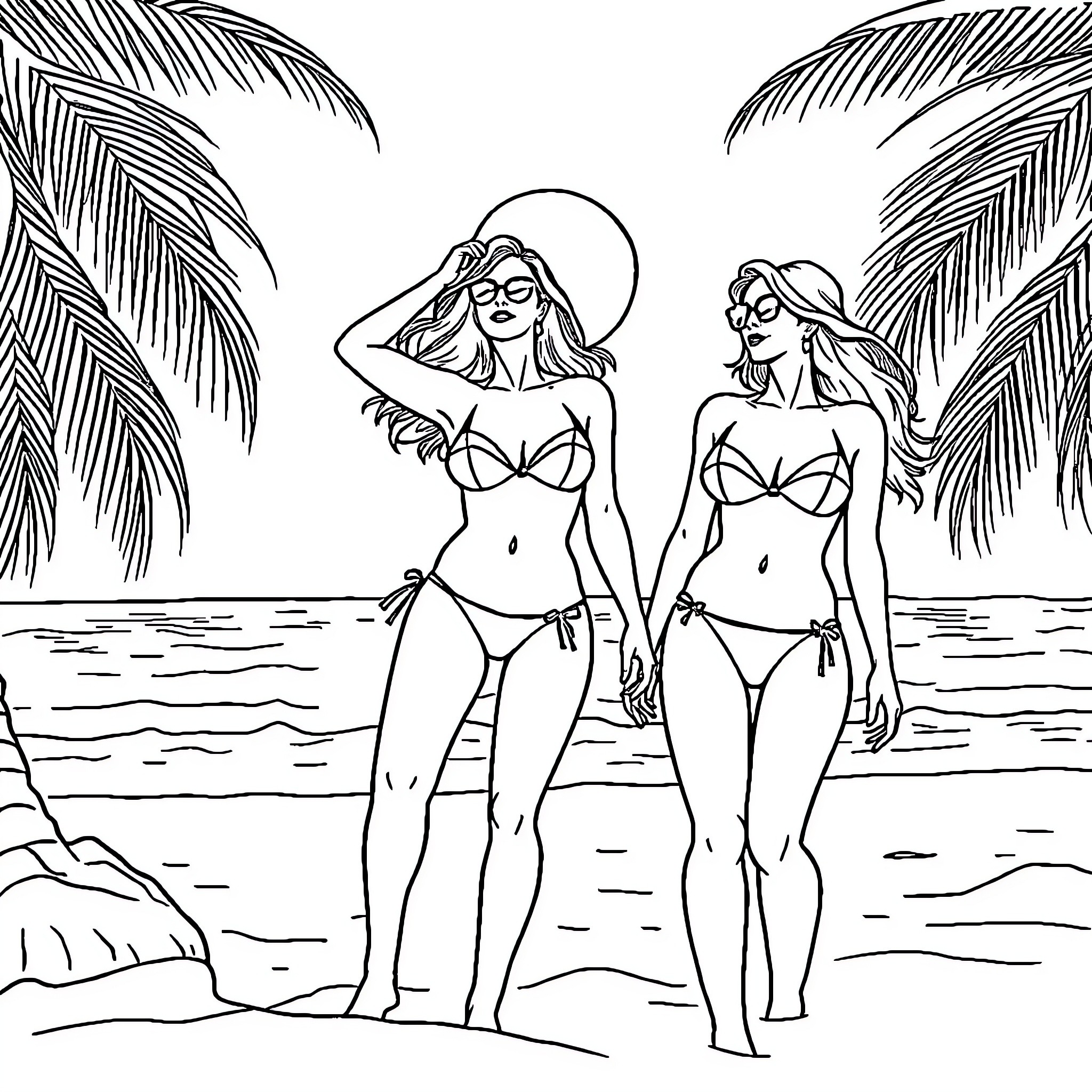 Women in swimwear posing on tropical beach Coloring Page (free black-and-white line drawing printable PDF for all, from beginners to advanced learners, including children, teens, adults, and seniors)